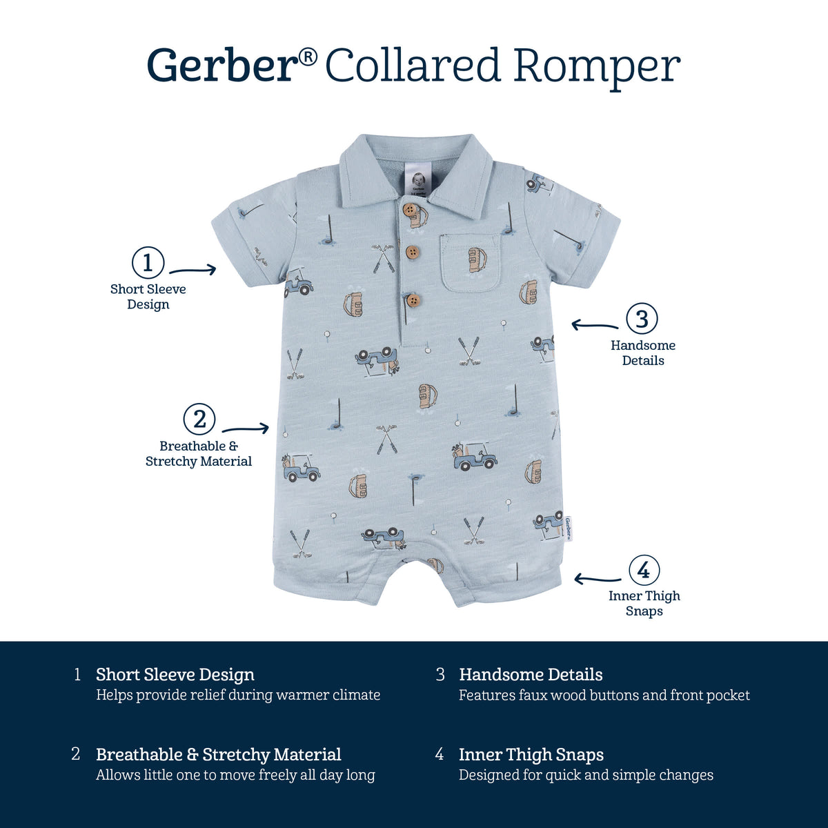 Baby Boys Golf Polo Romper, view 5