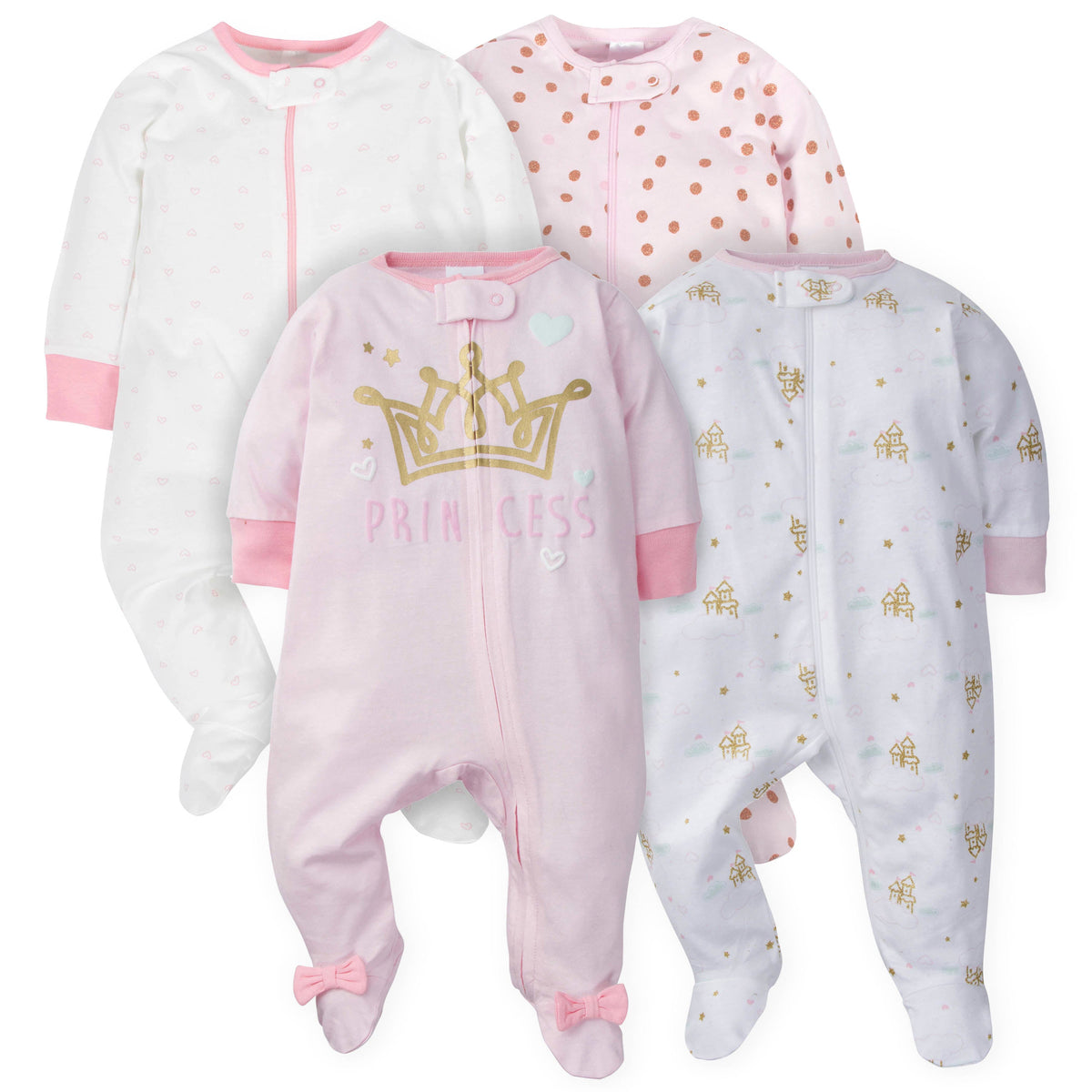 4-Pack Baby Girls Castle Zip Front Sleep ‘n Plays