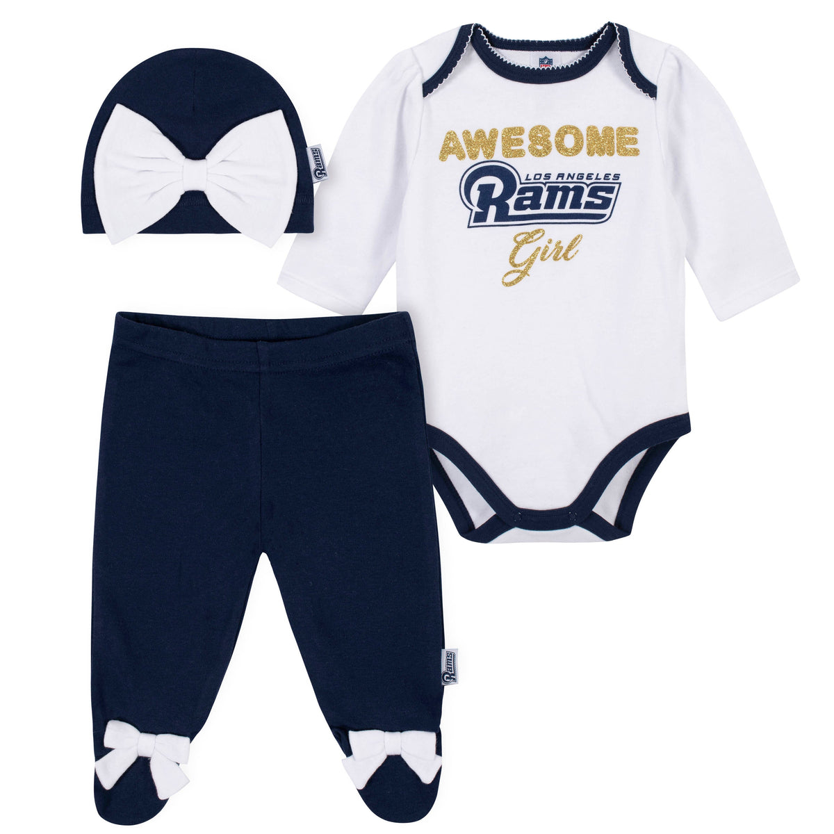 Los Angeles Rams Girl Outfit, 3pc Bodysuit, Pant, and Cap Set - Rams
