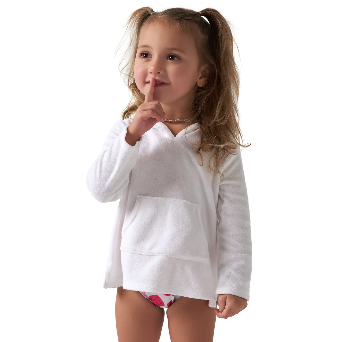 Baby & Toddler Girls White Hooded Kangaroo Pocket Terry Coverup, view 3