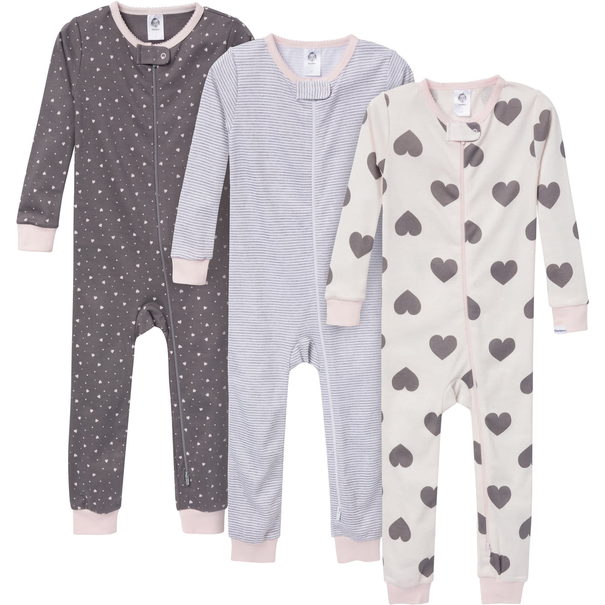 3-Pack Baby & Toddler Girls Hearts Snug-Fitting Footless Pajamas