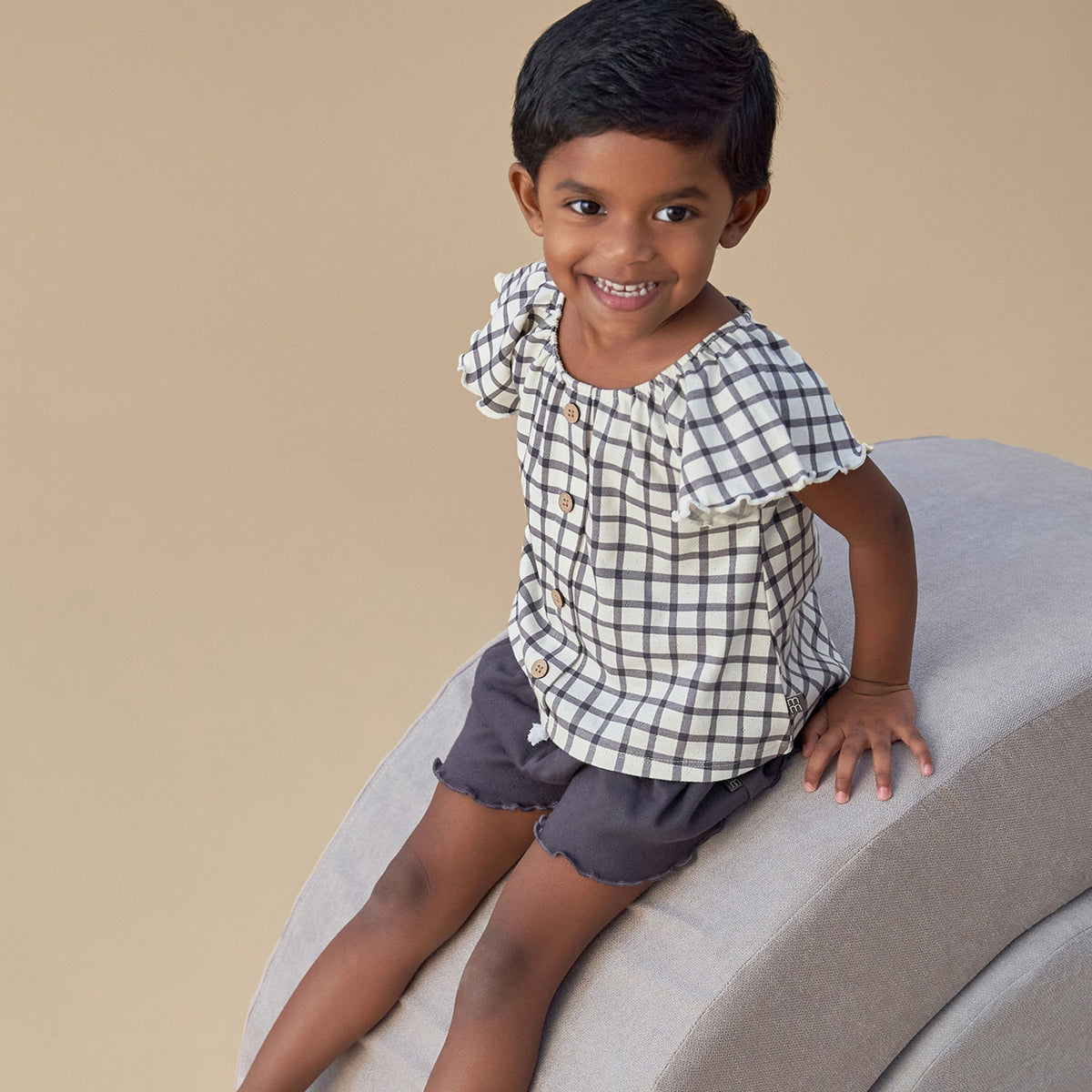 Infant & Toddler Girls Dark Grey Plaid Ruffle Sleeve Top, view 2