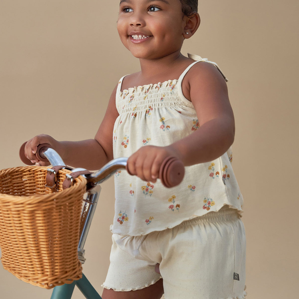 Infant & Toddler Girls Light Beige Smocked Wide Leg Shorts, view 3