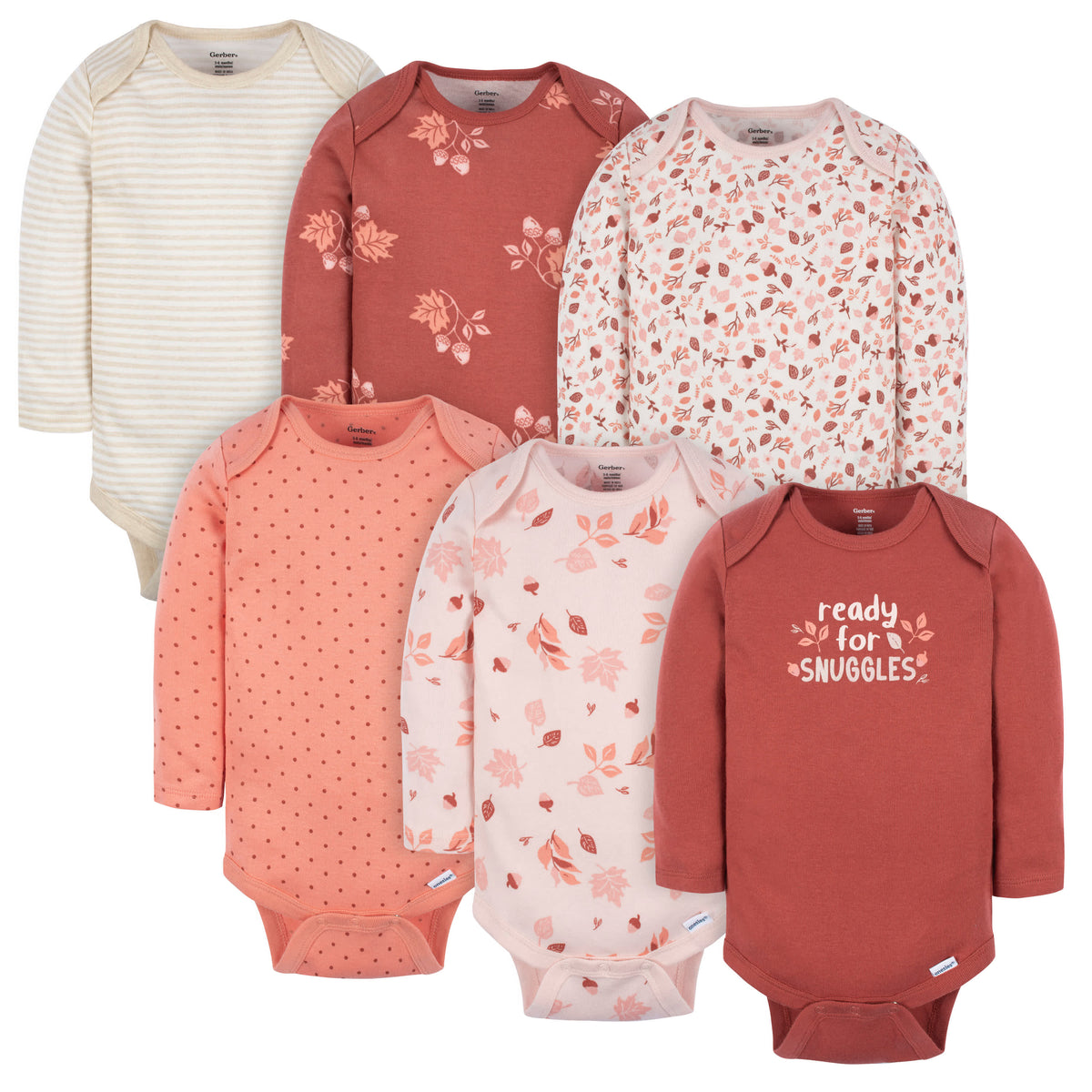 6-Pack Baby Girls Leaves Long Sleeve Onesies Bodysuits