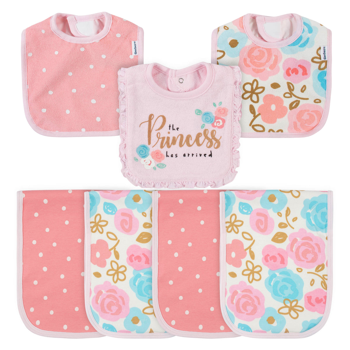 7-Piece Baby Neutral Princess Terry Bibs & Terry Burp Cloths Set