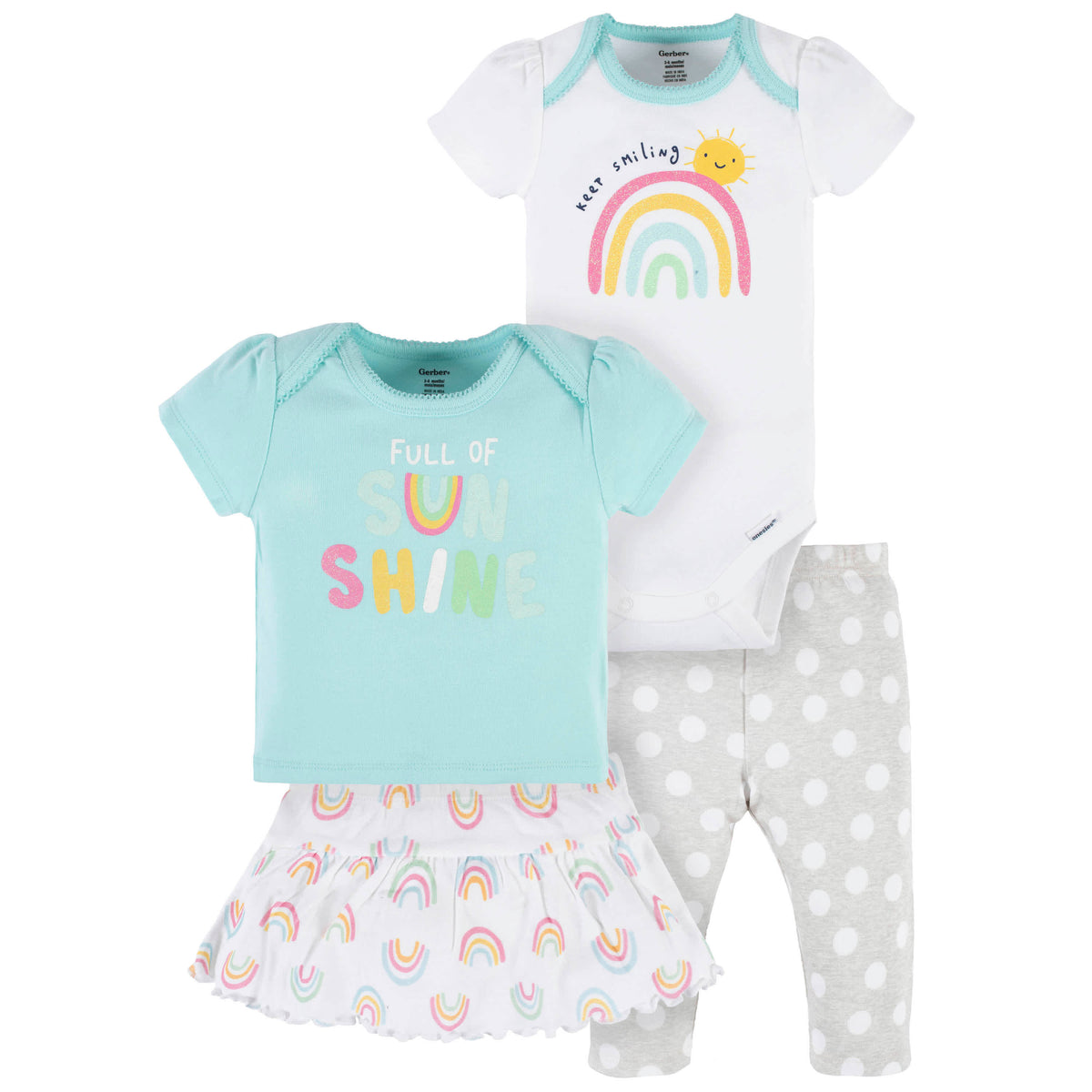4-Piece Baby Girls Dots Of Rainbows Onesies Bodysuit, Tee, Skort & Pant Set