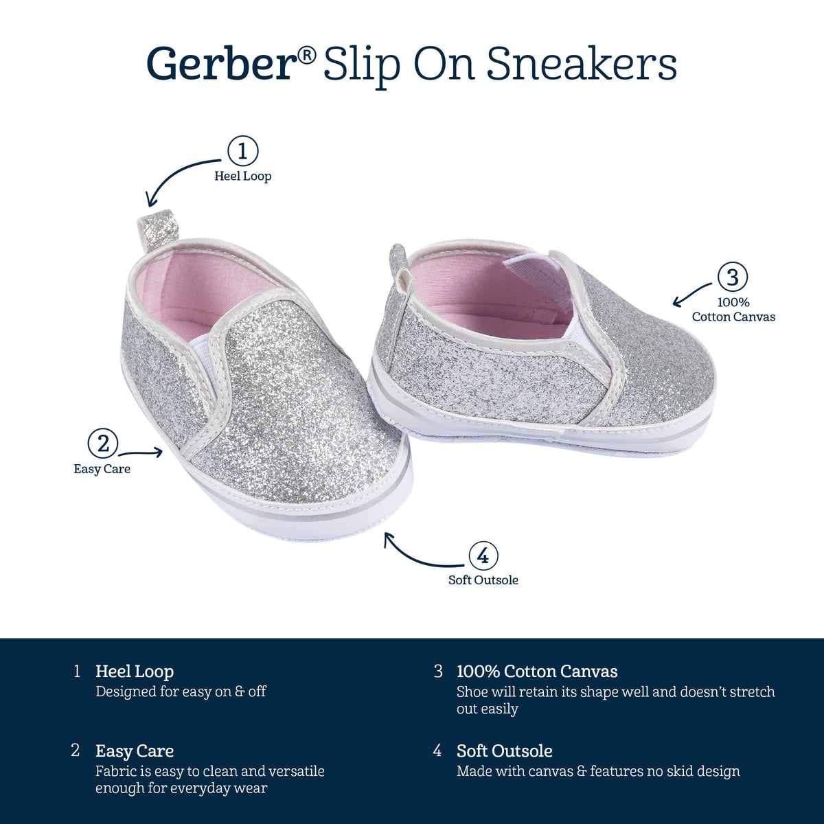 Baby Girls Silver Glitter Slip-On Sneaker, view 5