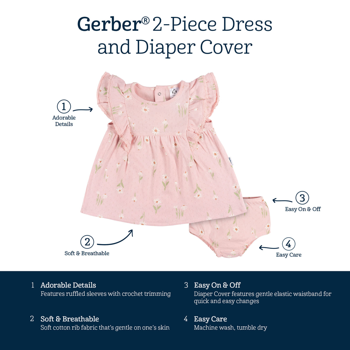 2-Piece Baby Girls Daisies Dress & Diaper Cover, view 7