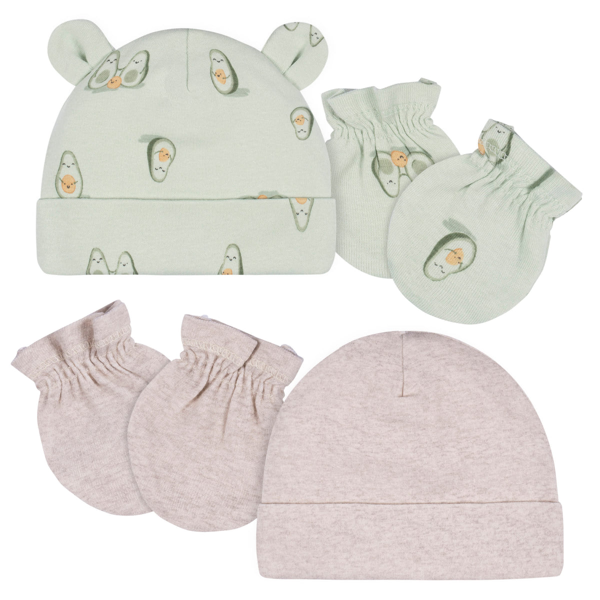 4-Piece Baby Neutral Avo-Cuddle Cap & Mitten Set
