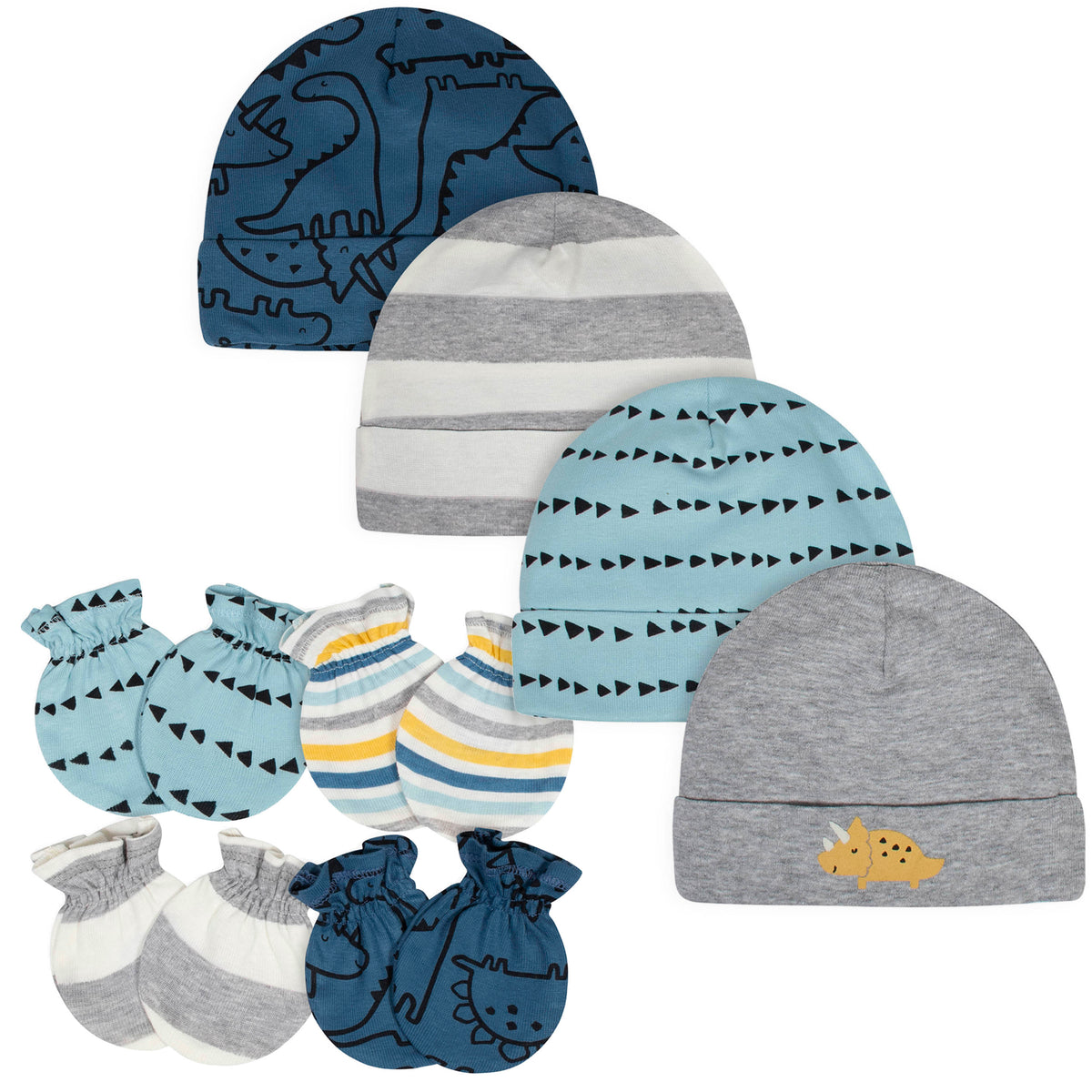 8-Piece Baby Boys Dino Caps and Mittens Bundle