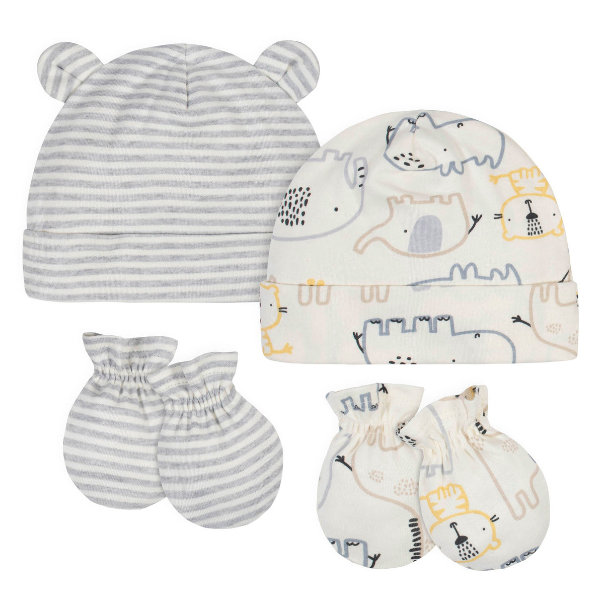 4-Piece Organic Baby Boys Jungle Caps & No Scratch Mittens Set