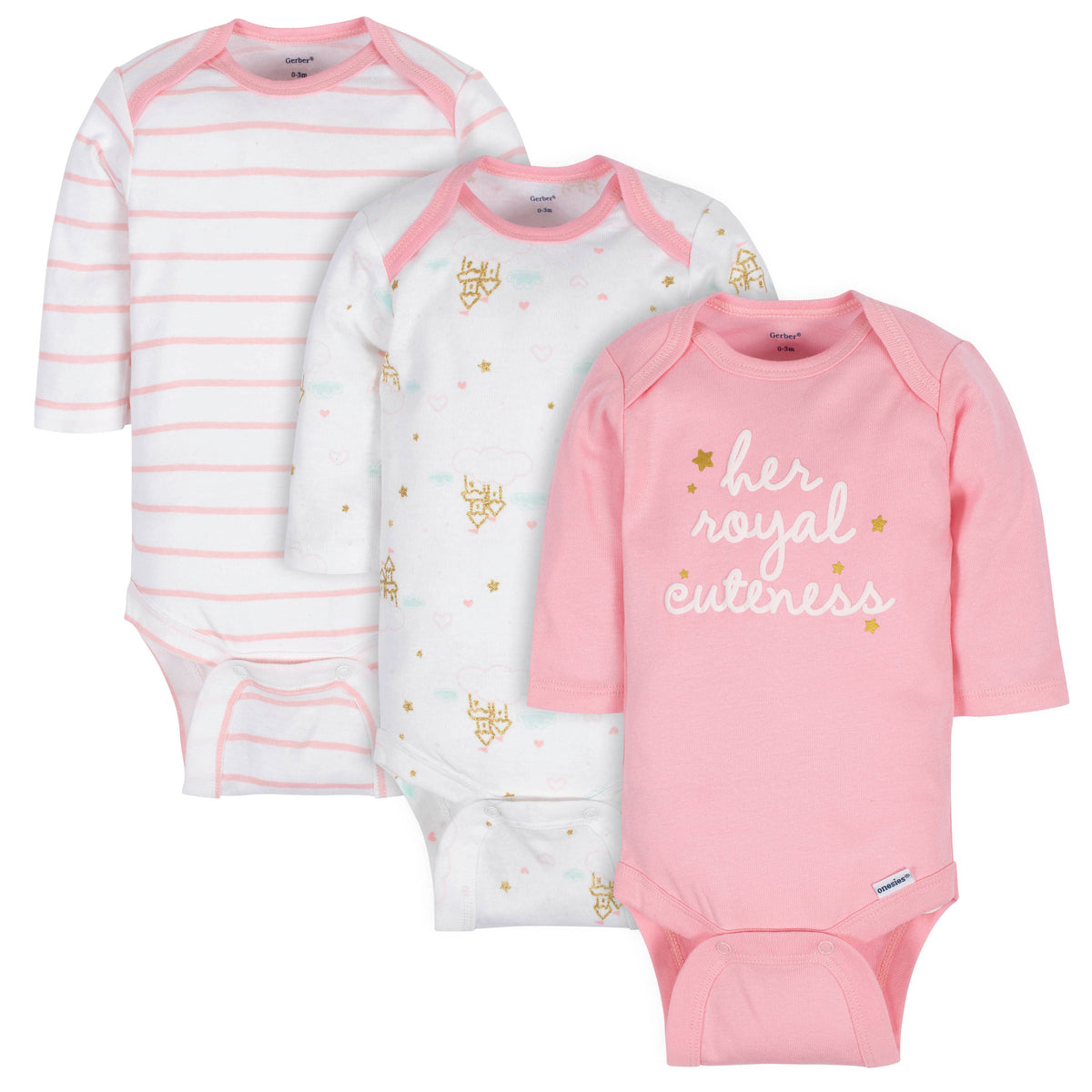 3-Pack Baby Girls Castle Long Sleeve Onesies Bodysuits