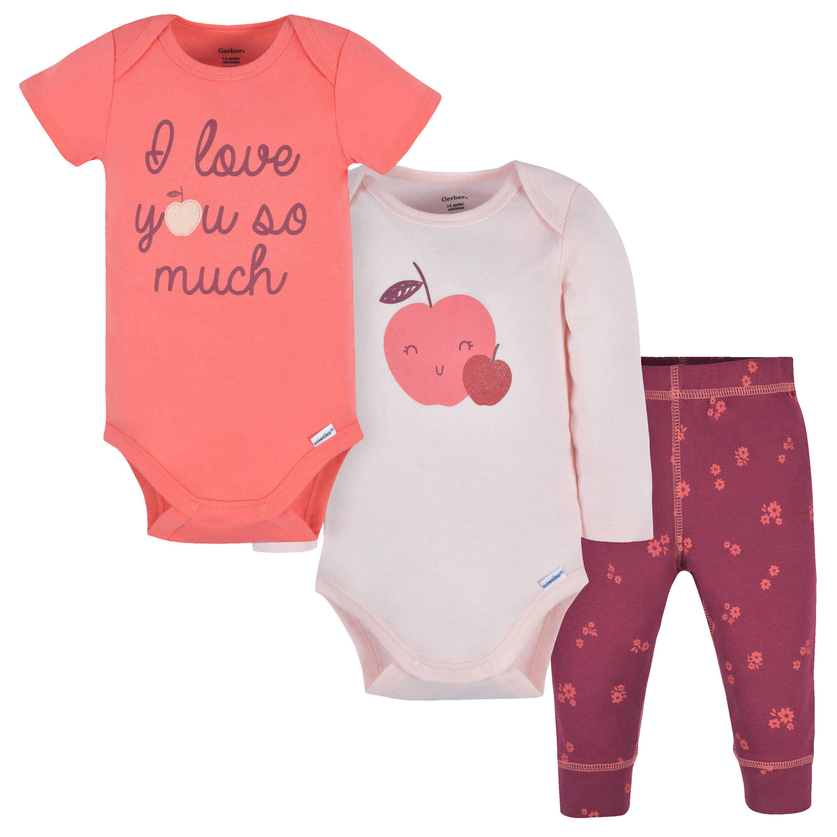 3-Piece Baby Girls Apple Bouquets Onesies Bodysuits and Pants Set