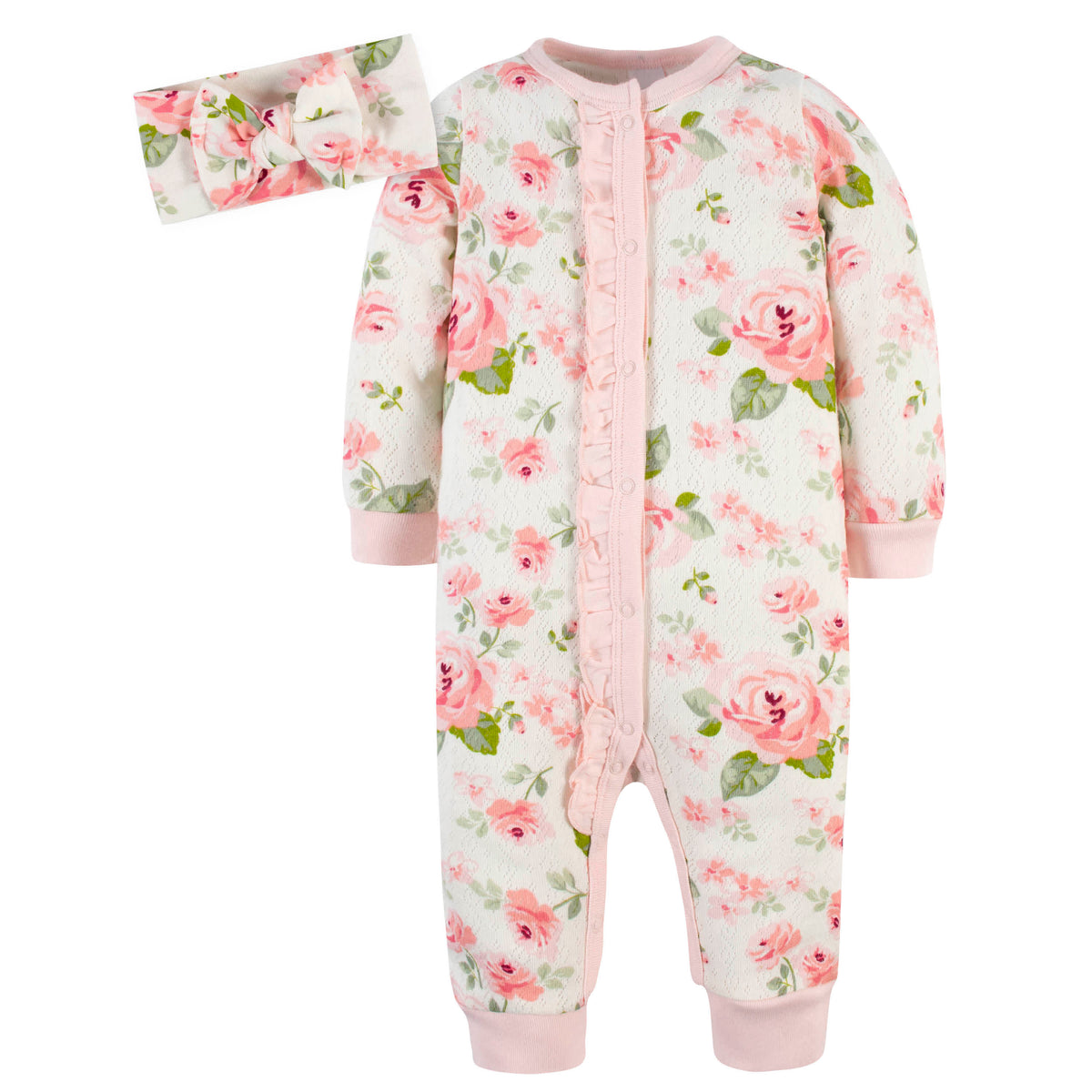 2-Piece Baby Girls Roses Coverall & Headband Set