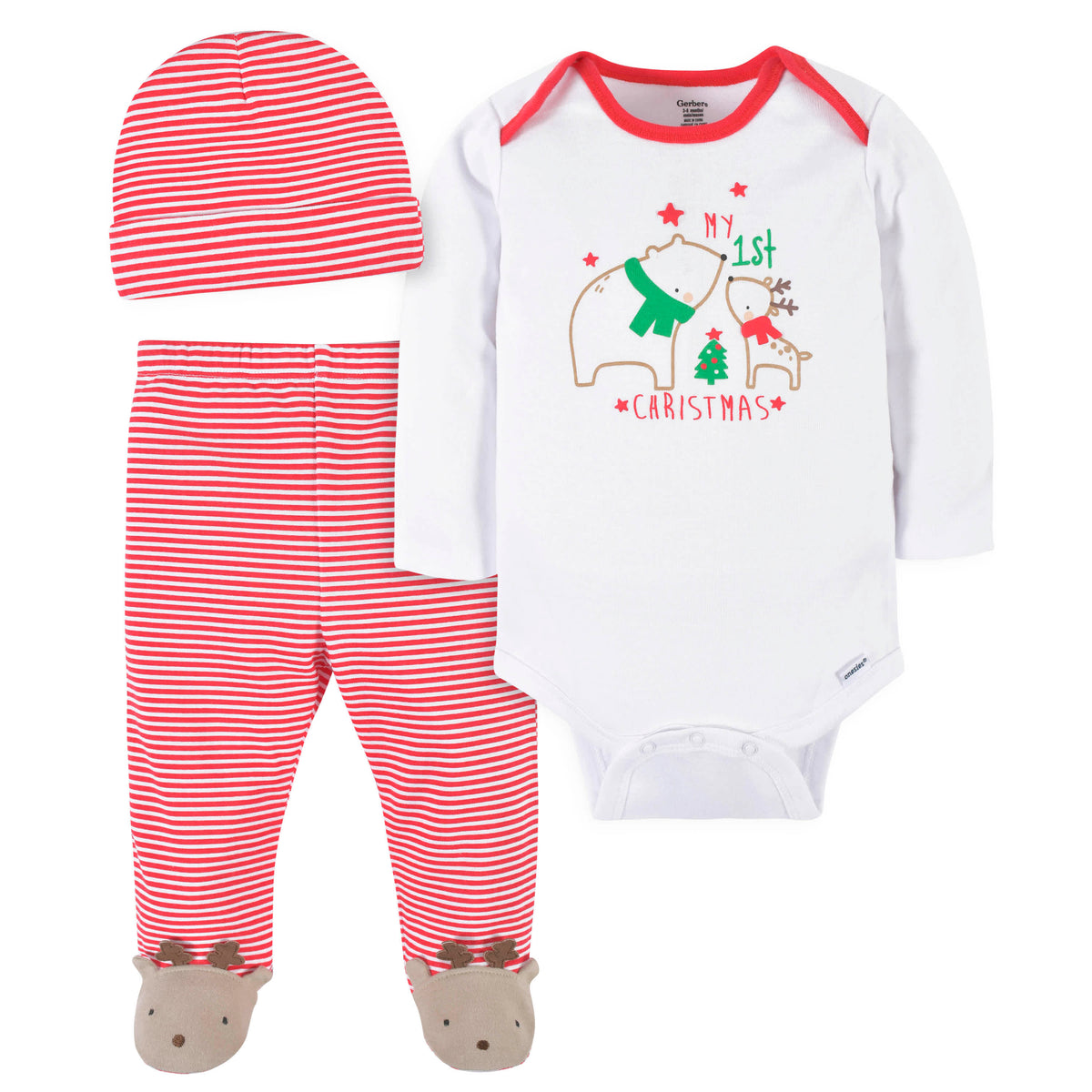 3-Piece Baby Polar Bear & Reindeer Onesies Bodysuit, Pants, & Cap Set