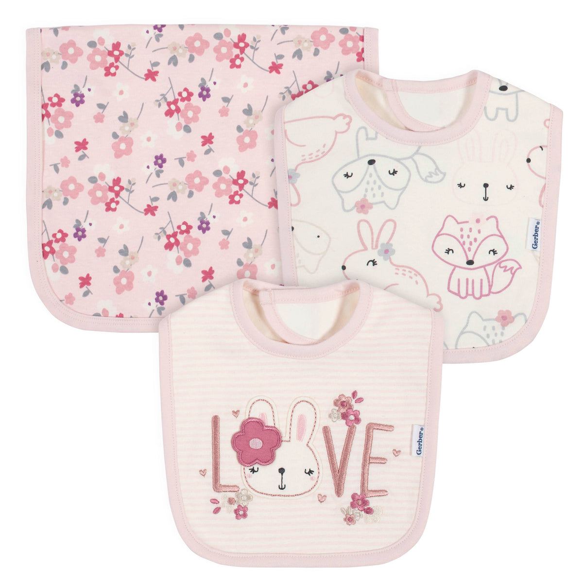 3-Piece Organic Baby Girls Wild Flower Bibs & Burp Set