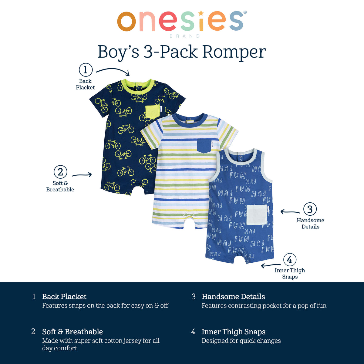 3-Pack Baby Boys Fun Rompers, view 8
