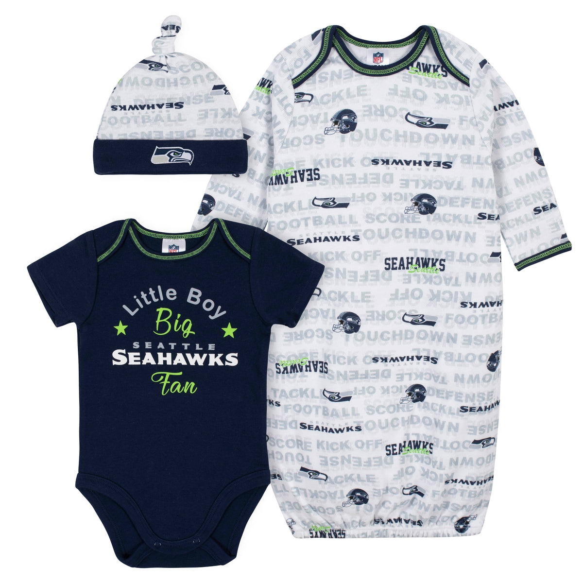 Baby Boys 3-Piece Seattle Seahawks Bodysuit, Gown, and Cap Set
