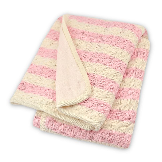 Just Born Pink and White Striped Cable Knit Blanket