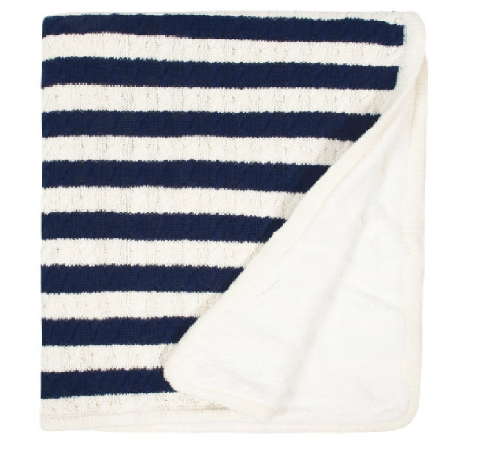 Just Born Navy and White Striped Cable Knit Blanket