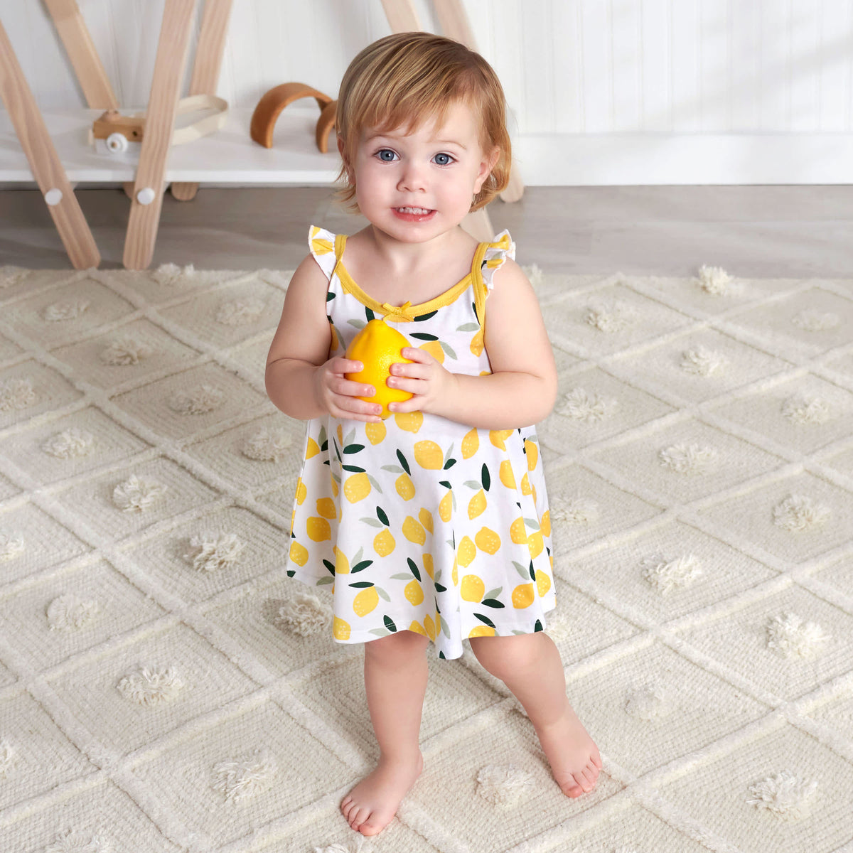 3-Piece Baby & Toddler Girls Lemon Squeeze Dress, Diaper Cover & Sun Hat Set, view 2