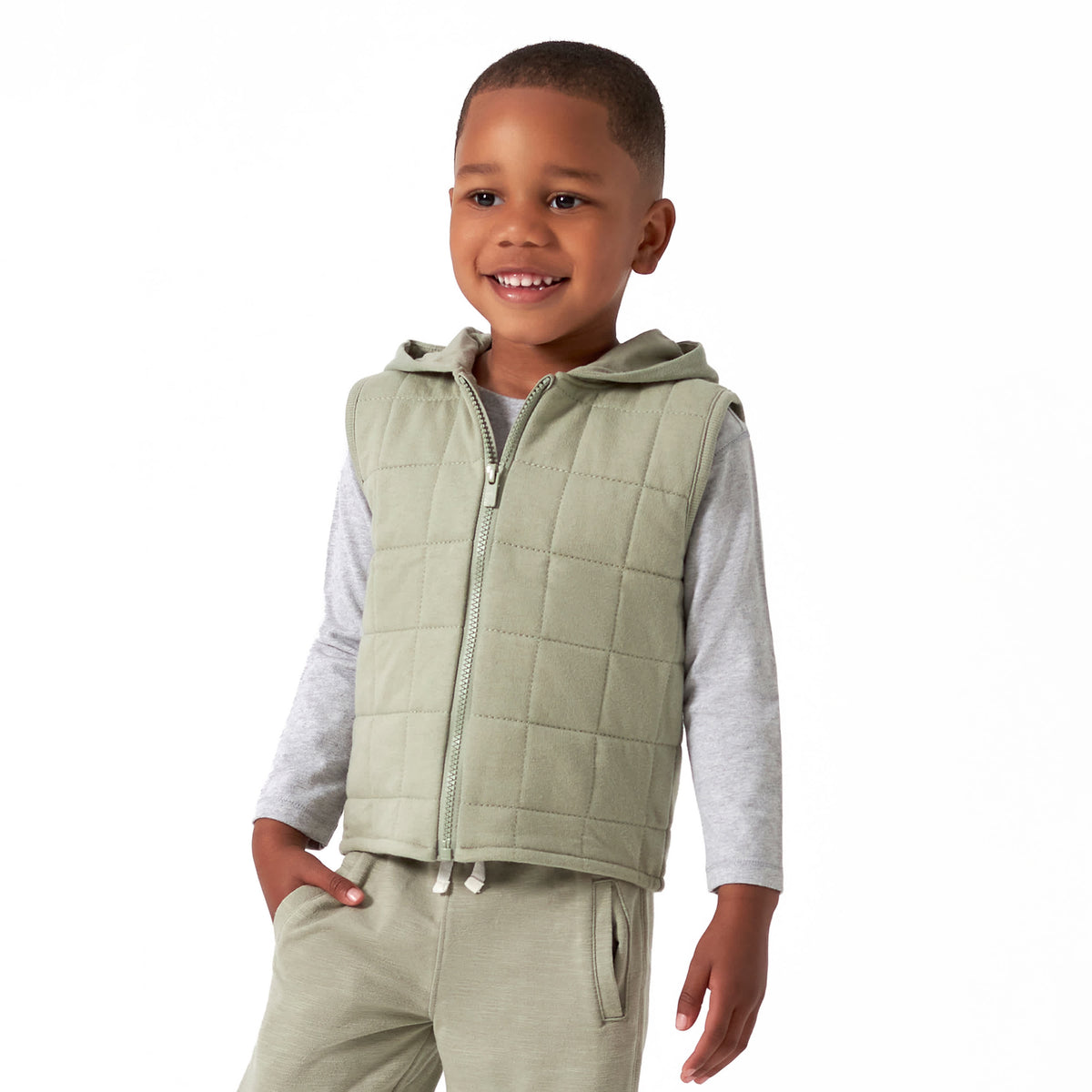 Modern Moments by Gerber Infant & Toddler Boys Green Quilted Hooded Vest, view 2