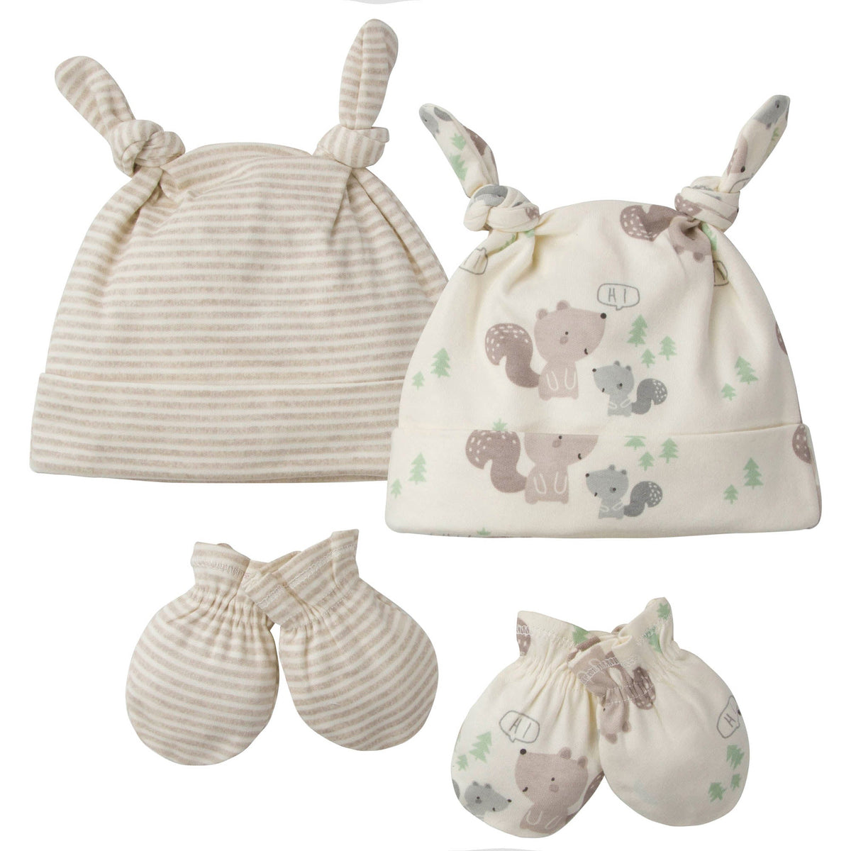 4-Piece Organic Baby Boys Squirrels No Scratch Mittens & Caps Set