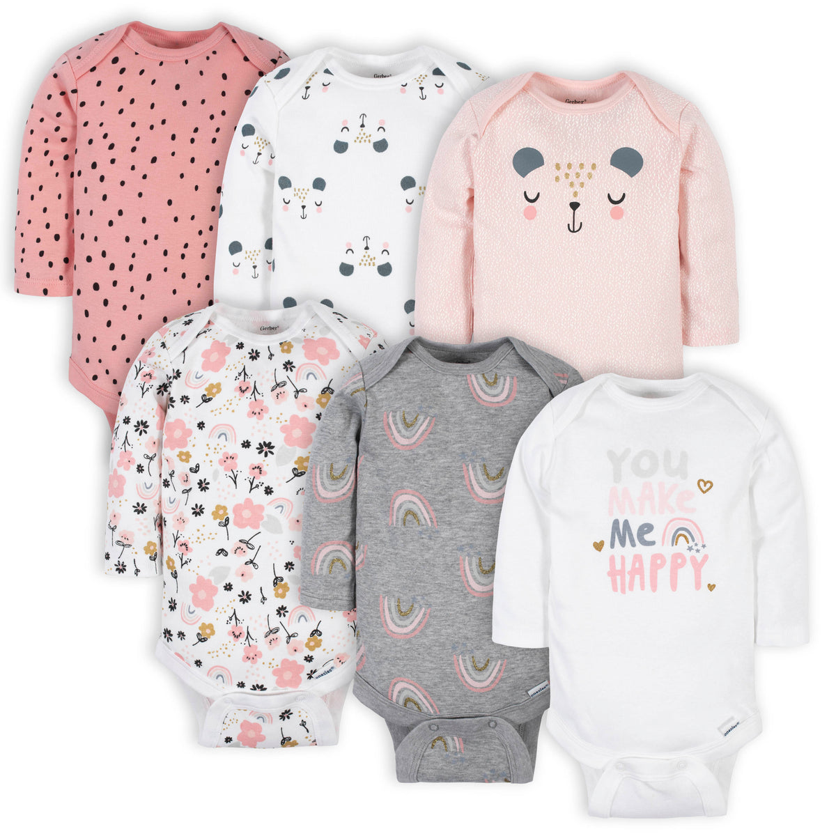 6-Pack Baby Girls Bear Long Sleeve Onesies Bodysuits