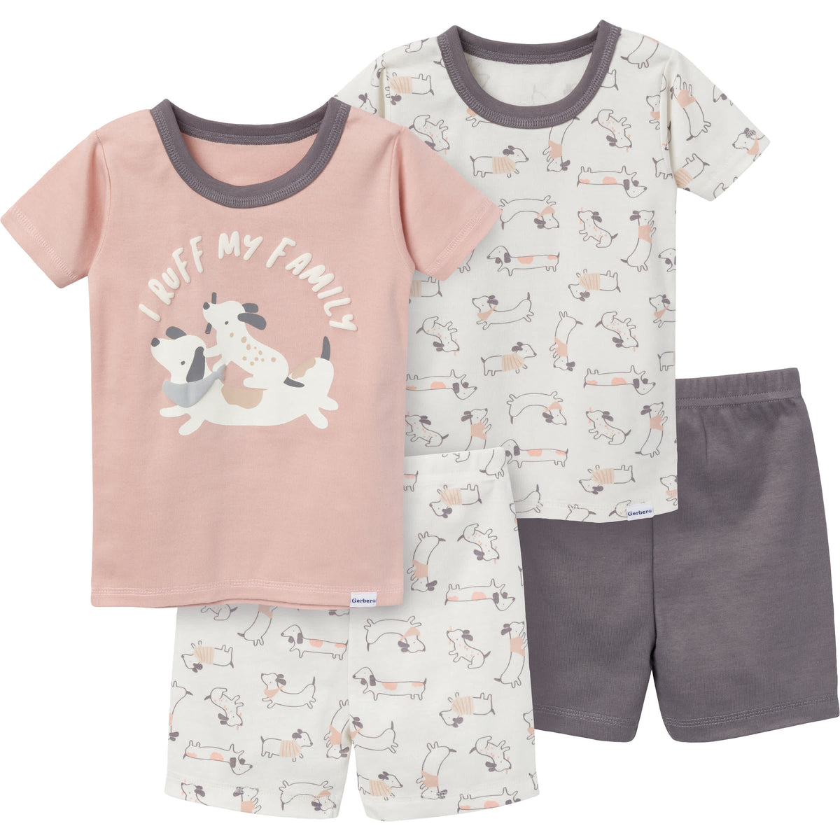 4-Piece Infant & Toddler Neutral Dog Shorts Pajamas Set
