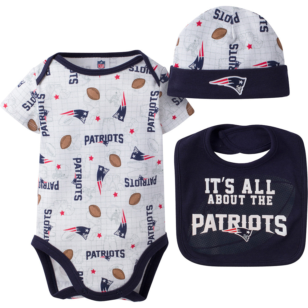 NFL 3-Piece Baby Boys Patriots Bodysuit, Bib and Cap Set