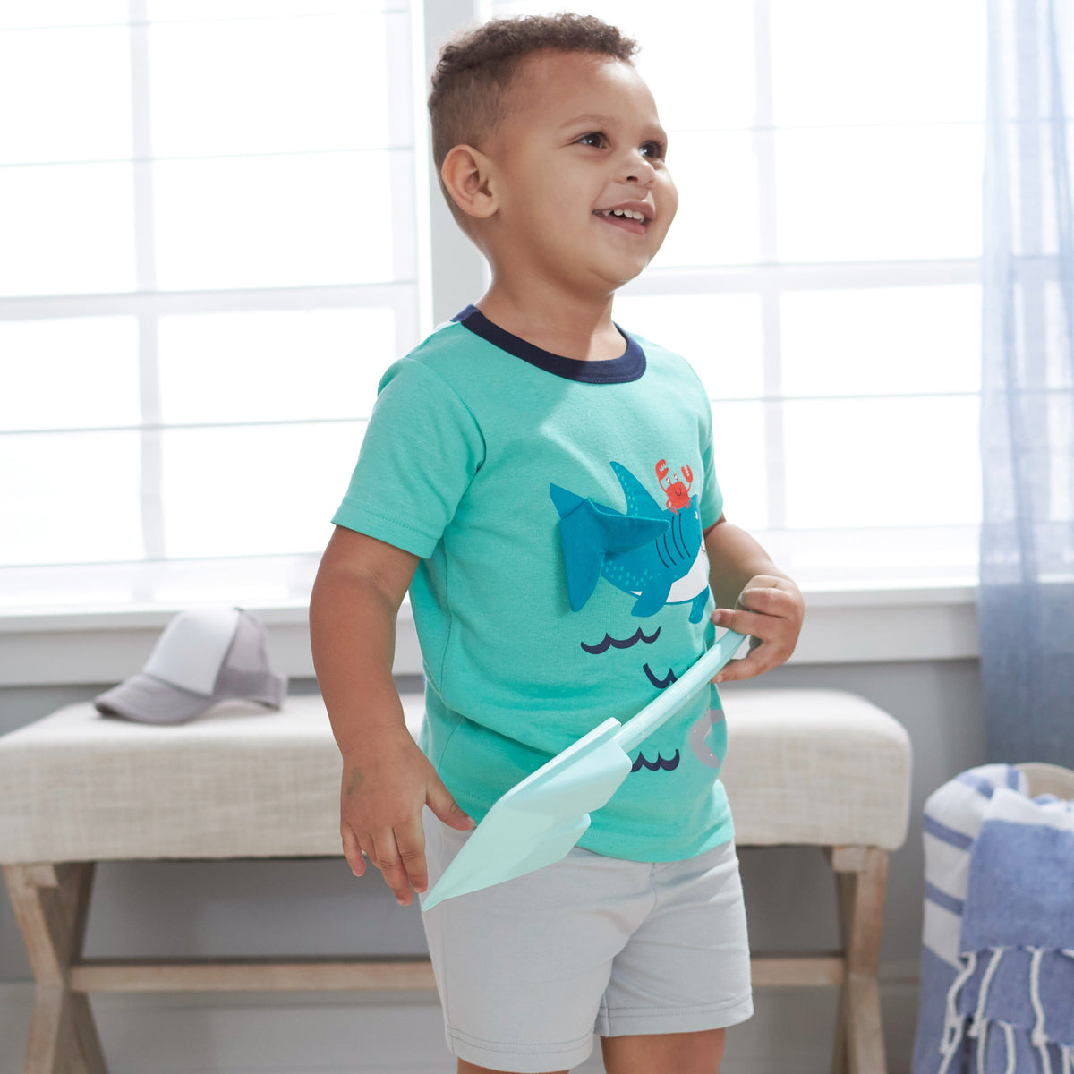 4-Piece Boys Shark Short, Shirts and Active Pant Set, view 3