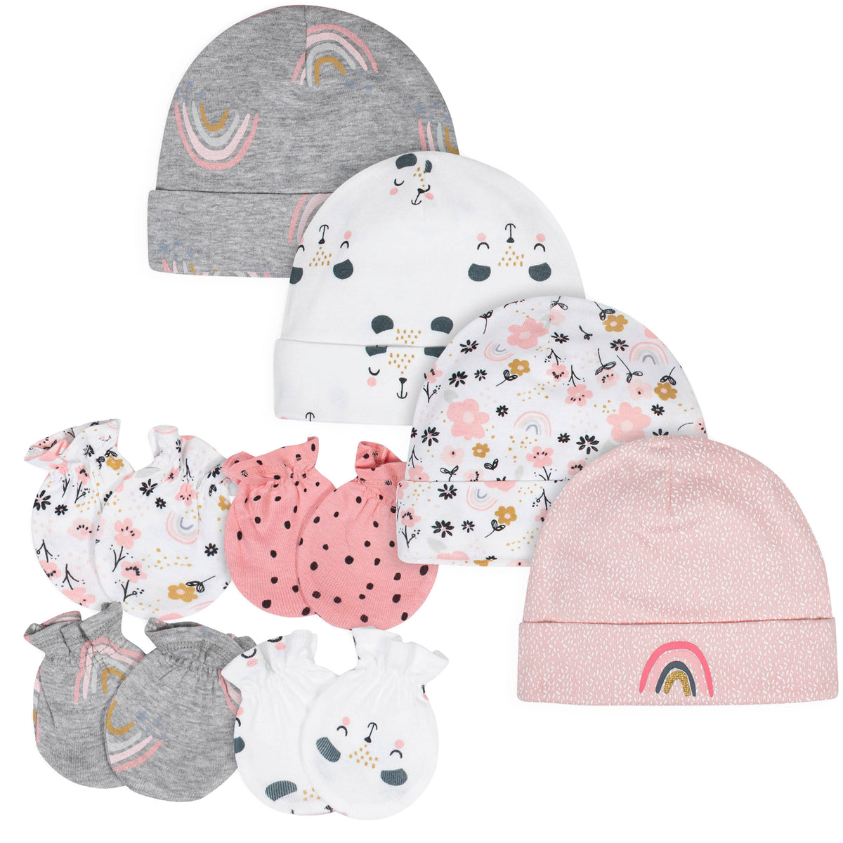 8-Piece Baby Girls Bear Caps and Mittens Bundle
