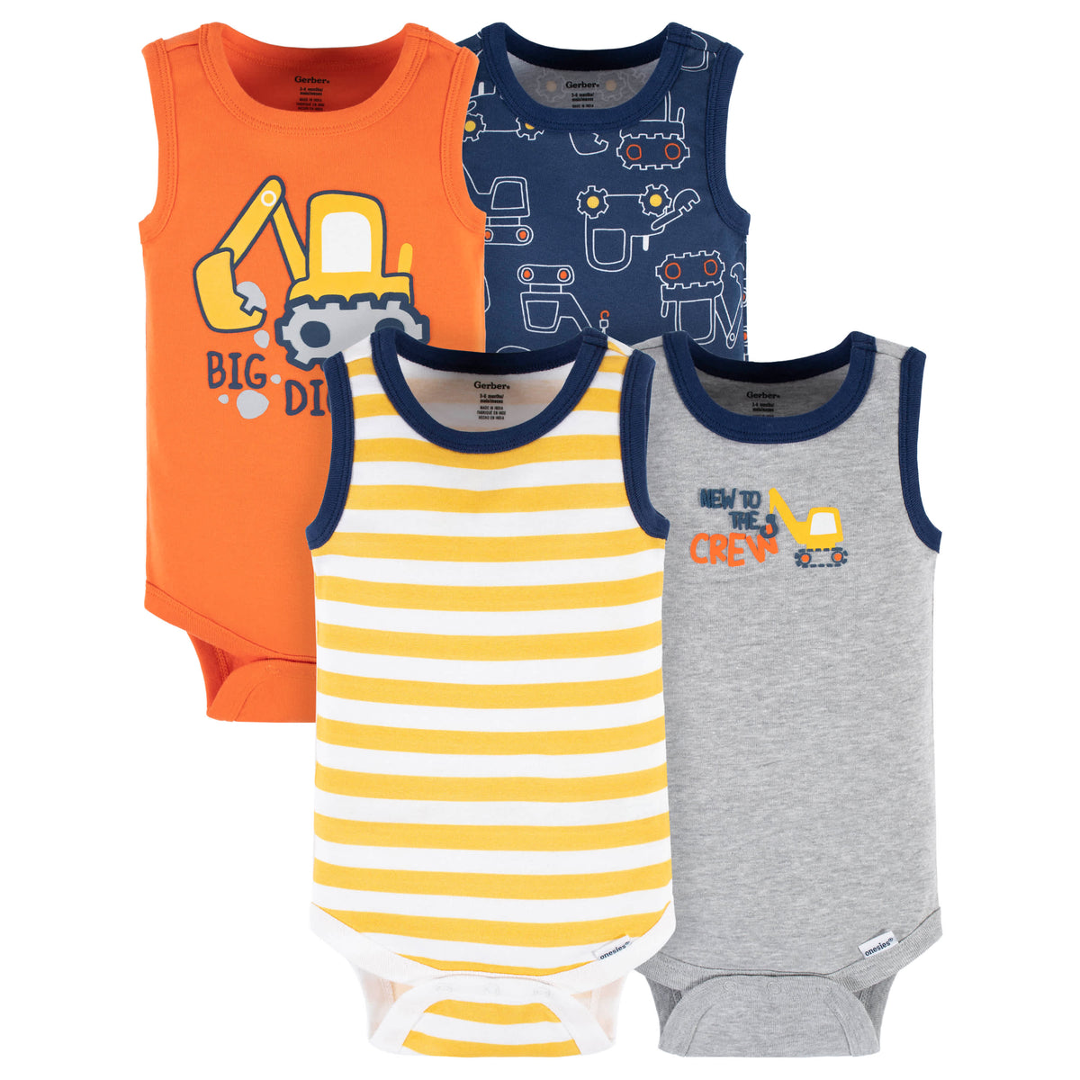4-Pack Baby Boys Big Digger Tank Onesies Bodysuits