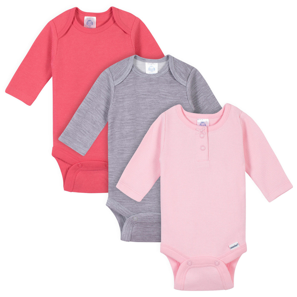 3-Pack Baby Girls Solid Thermal Long Sleeve Onesies Bodysuits