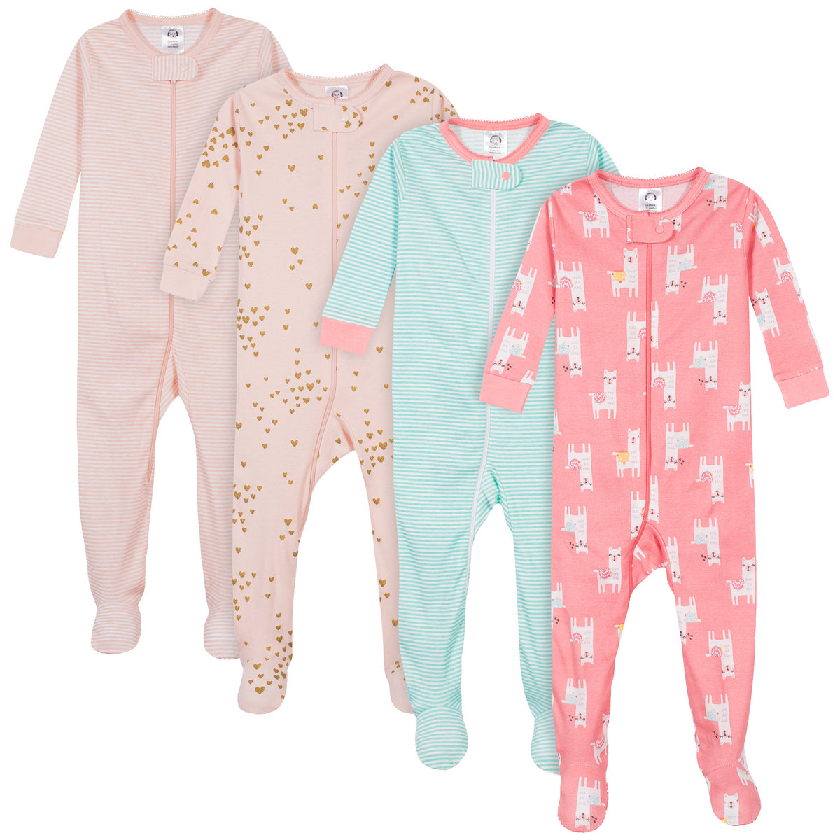 4-Pack Girls Llamas & Love Snug Fit Footed Cotton Pajamas