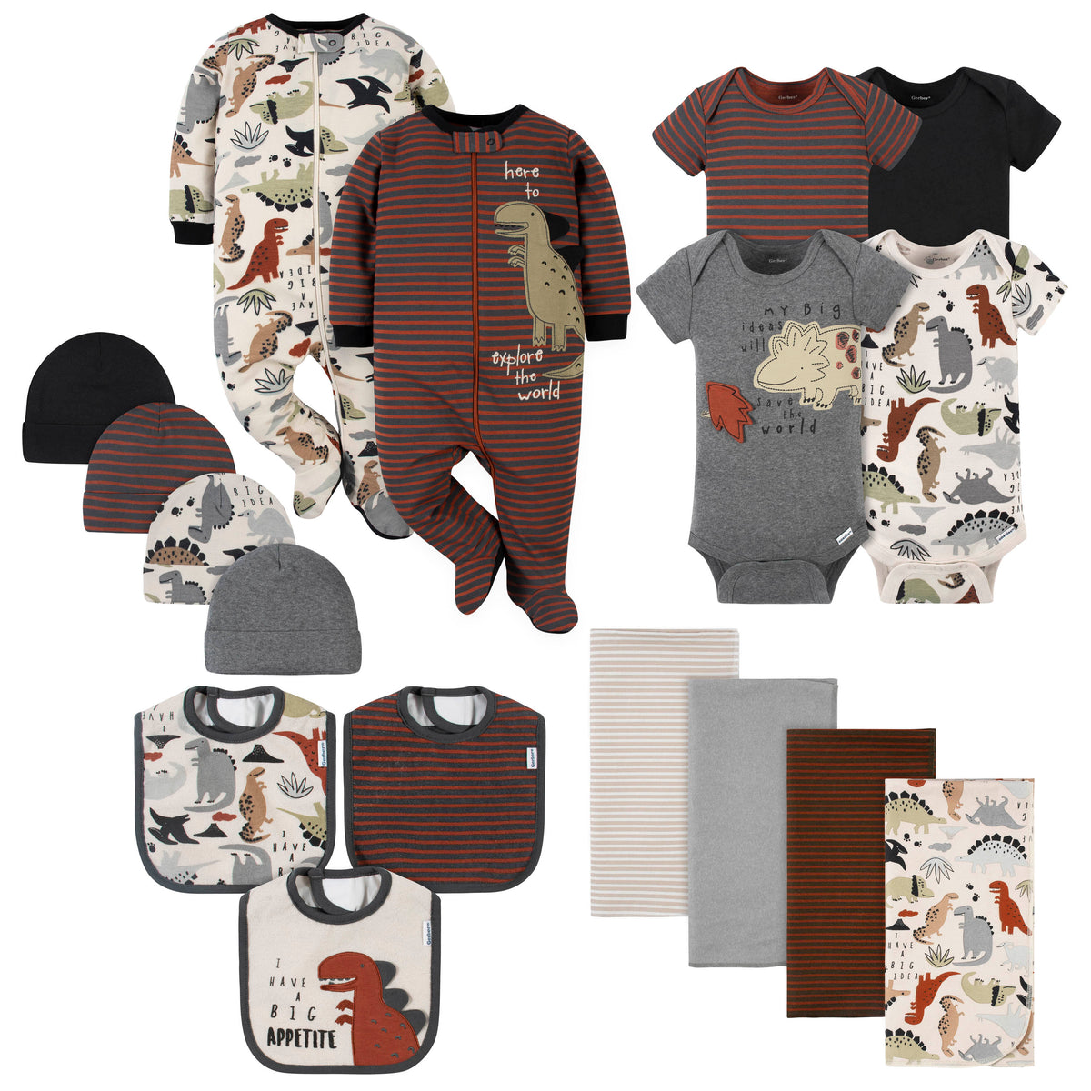 17-Piece Baby Neutral Dino Apparel & Blankets Bundle