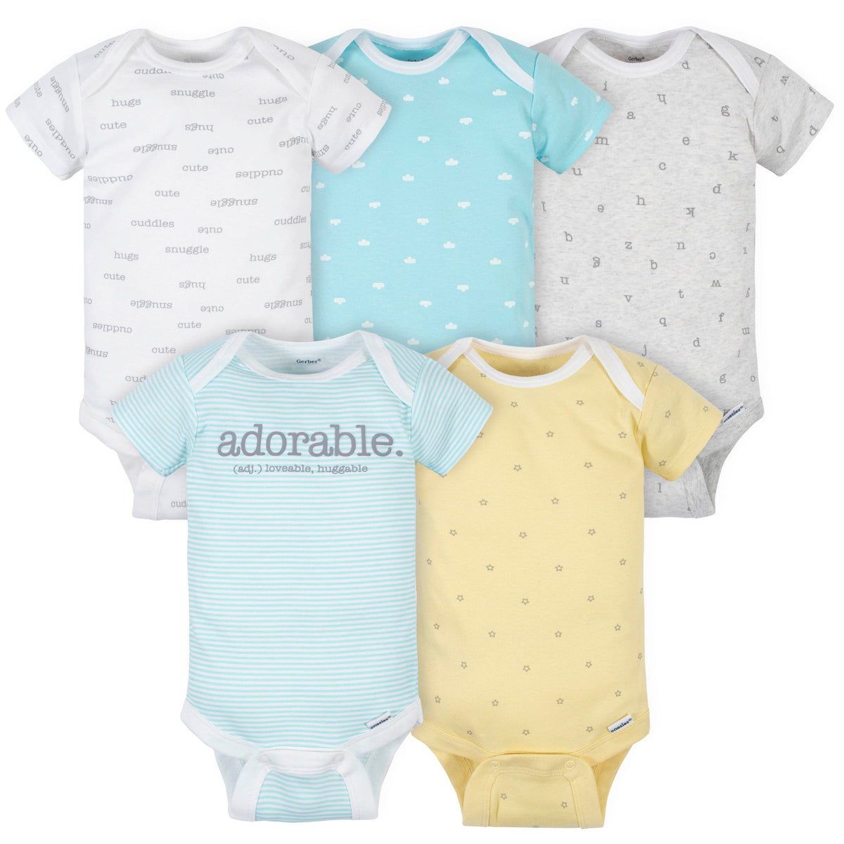 5-Pack Baby Neutral "Adorable" Short Sleeve Onesies Bodysuits