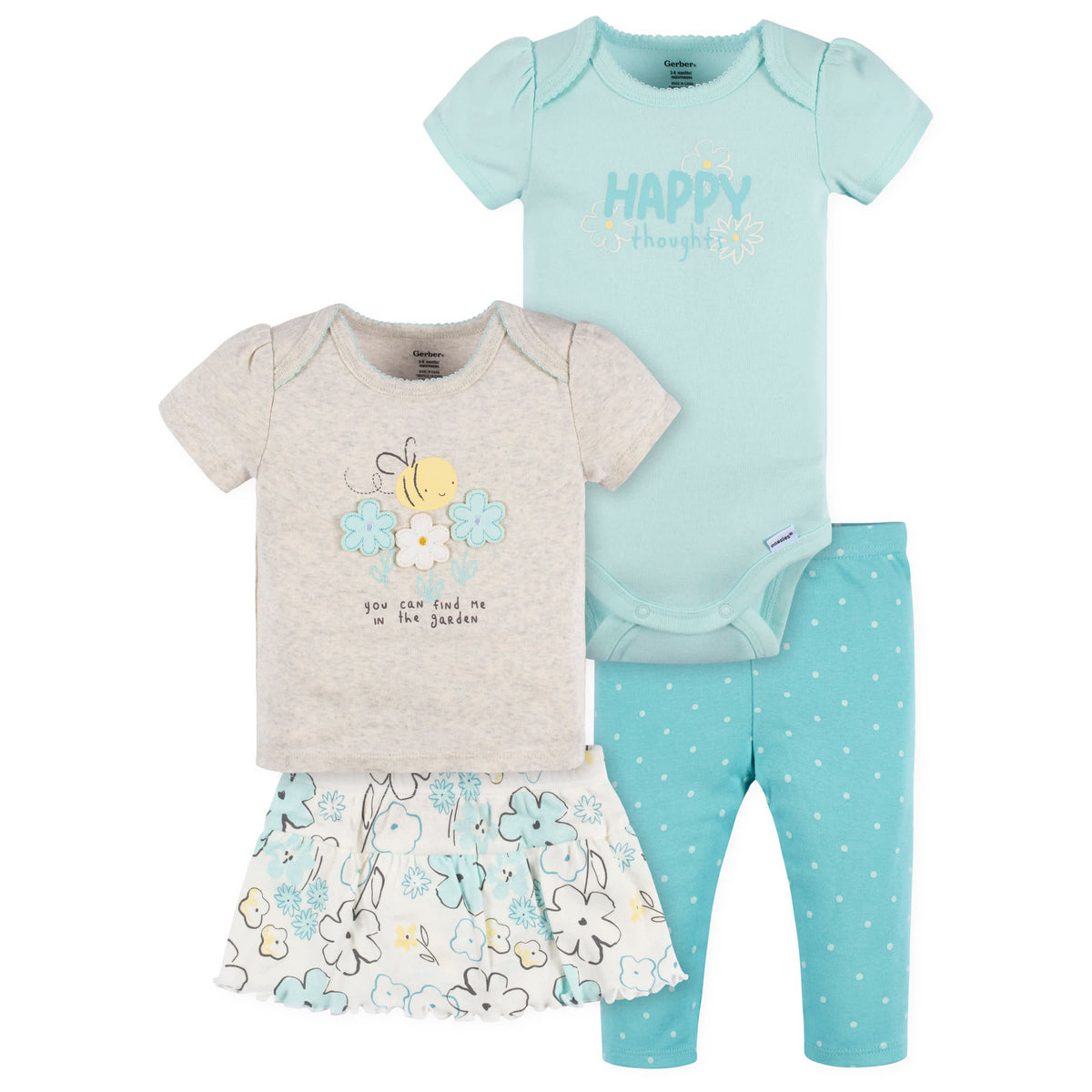 4-Piece Baby Girls Bee Petals Onesies Bodysuit, Tee, Skort & Pant Set