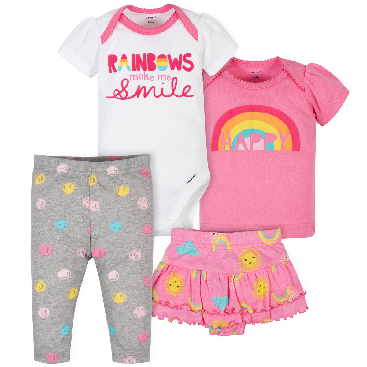 4-Piece Baby Girls Rainbows Onesies Bodysuit, Skirted Panty, Shirt and Slim Pant Set