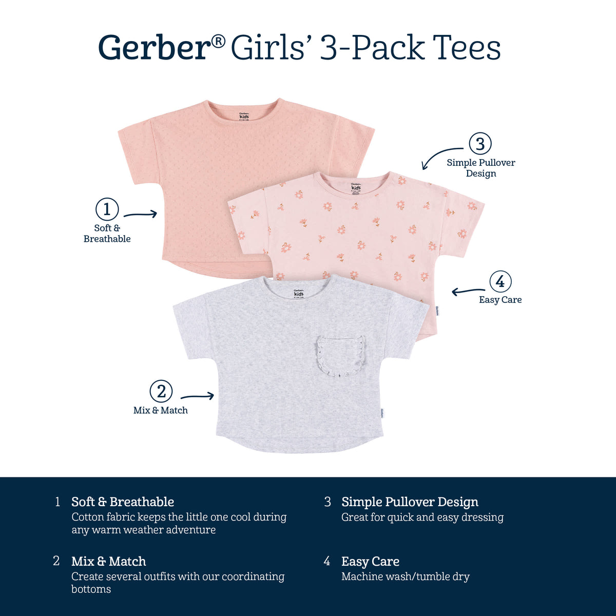 3-Pack Infant and Toddler Girls Flower T-Shirts, view 6