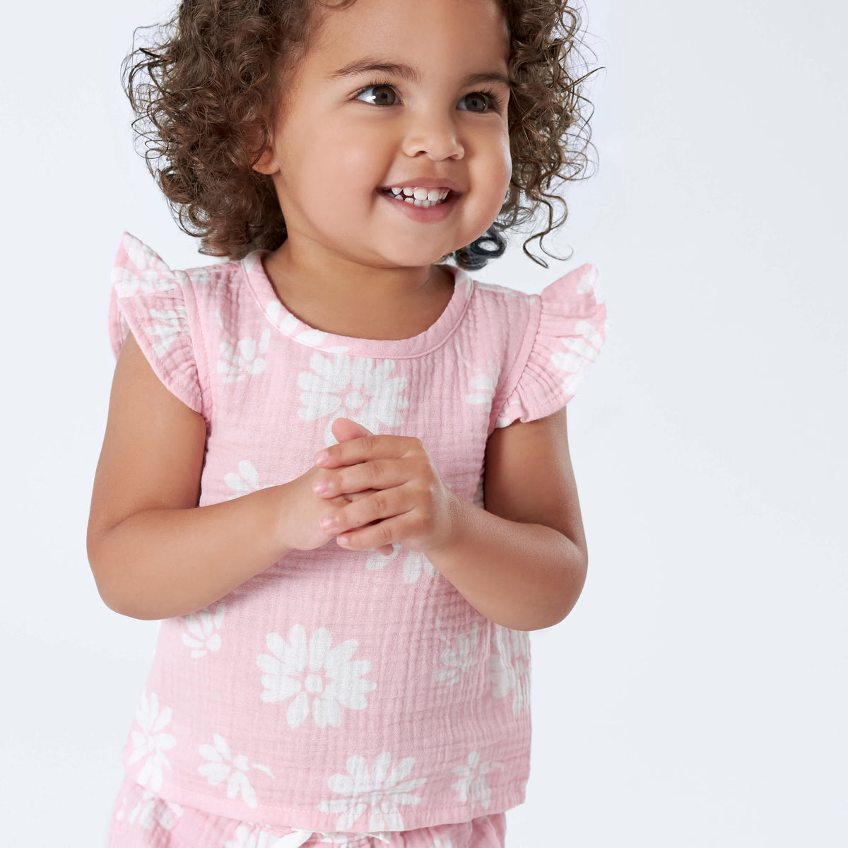 Infant & Toddler Girls Pink Floral Gauze Flutter Sleeve Top, view 5