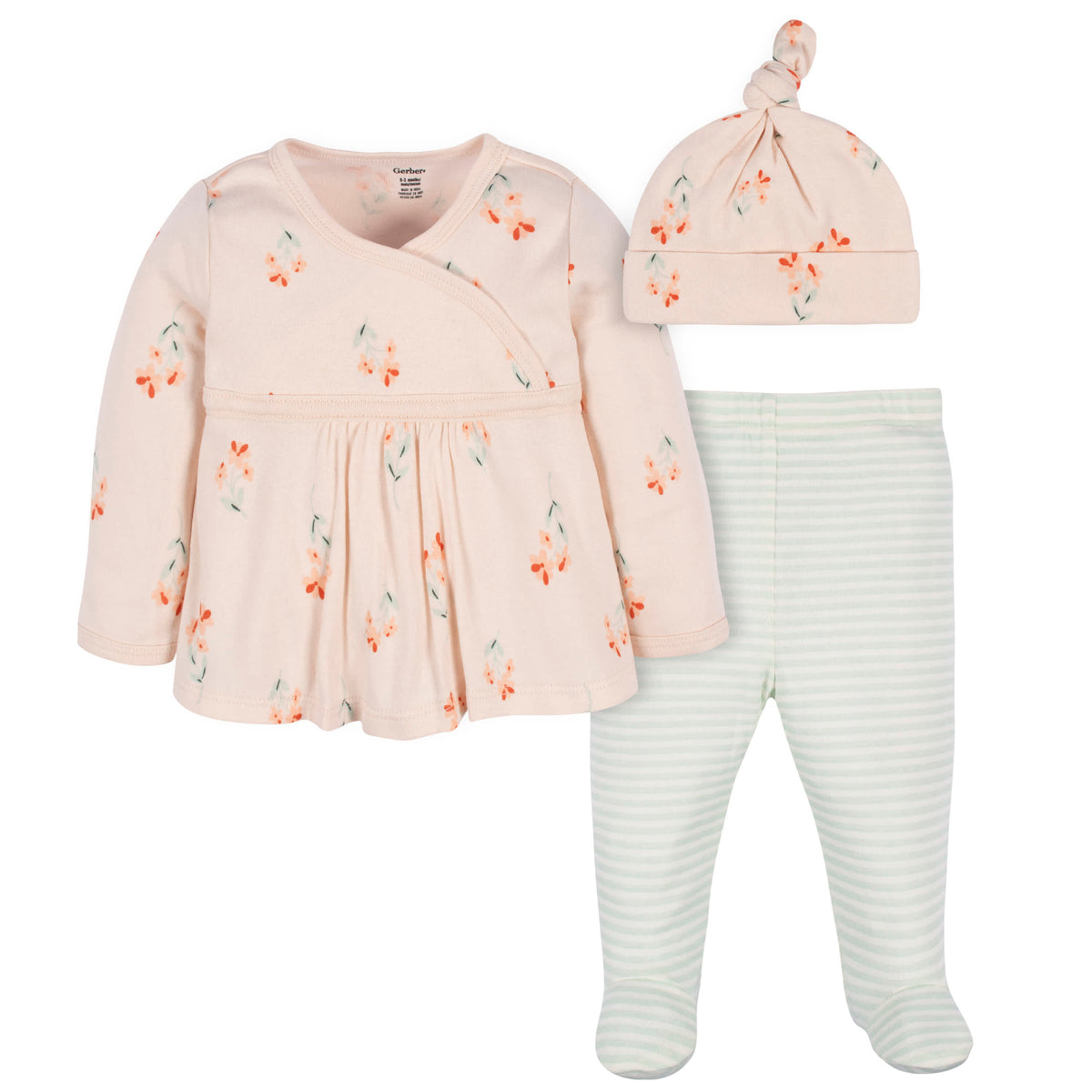 3-Piece Baby Girls Wildflower Long Sleeve Shirt, Footed Pant, & Cap Set