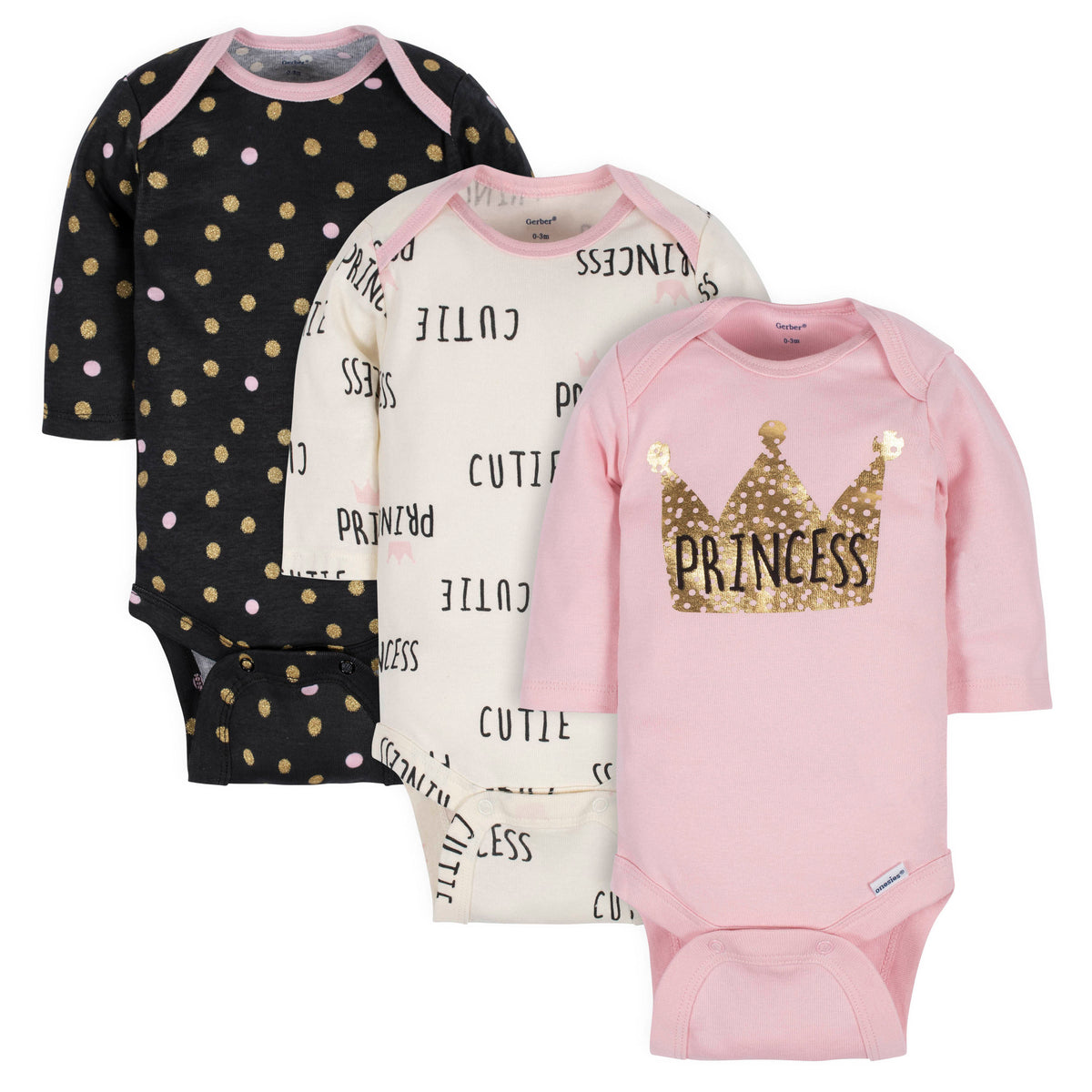 3-Pack Baby Girls Princess Long Sleeve Onesies Bodysuits