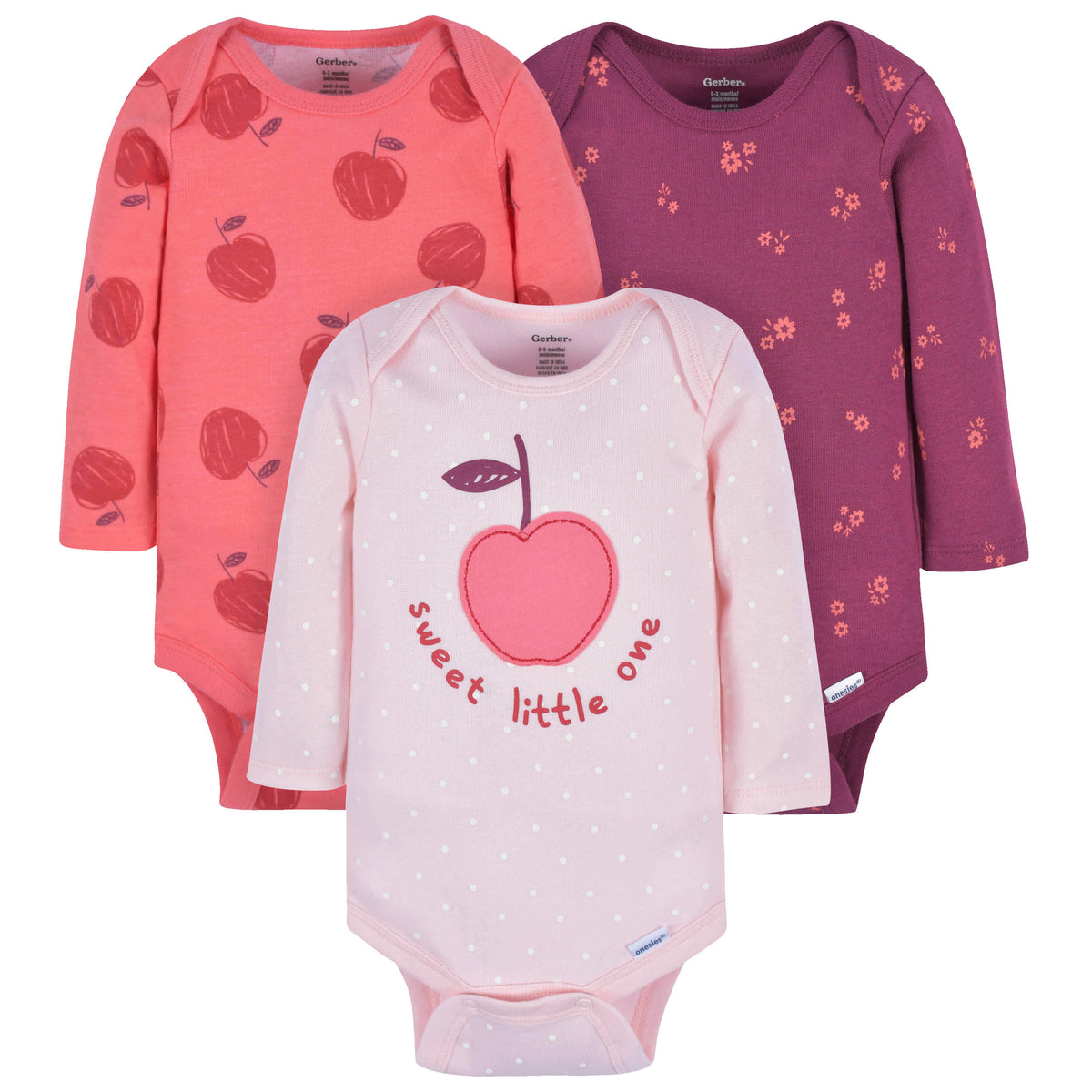 3-Pack Baby Girls Apple Bouquets Long Sleeve Onesies Bodysuits