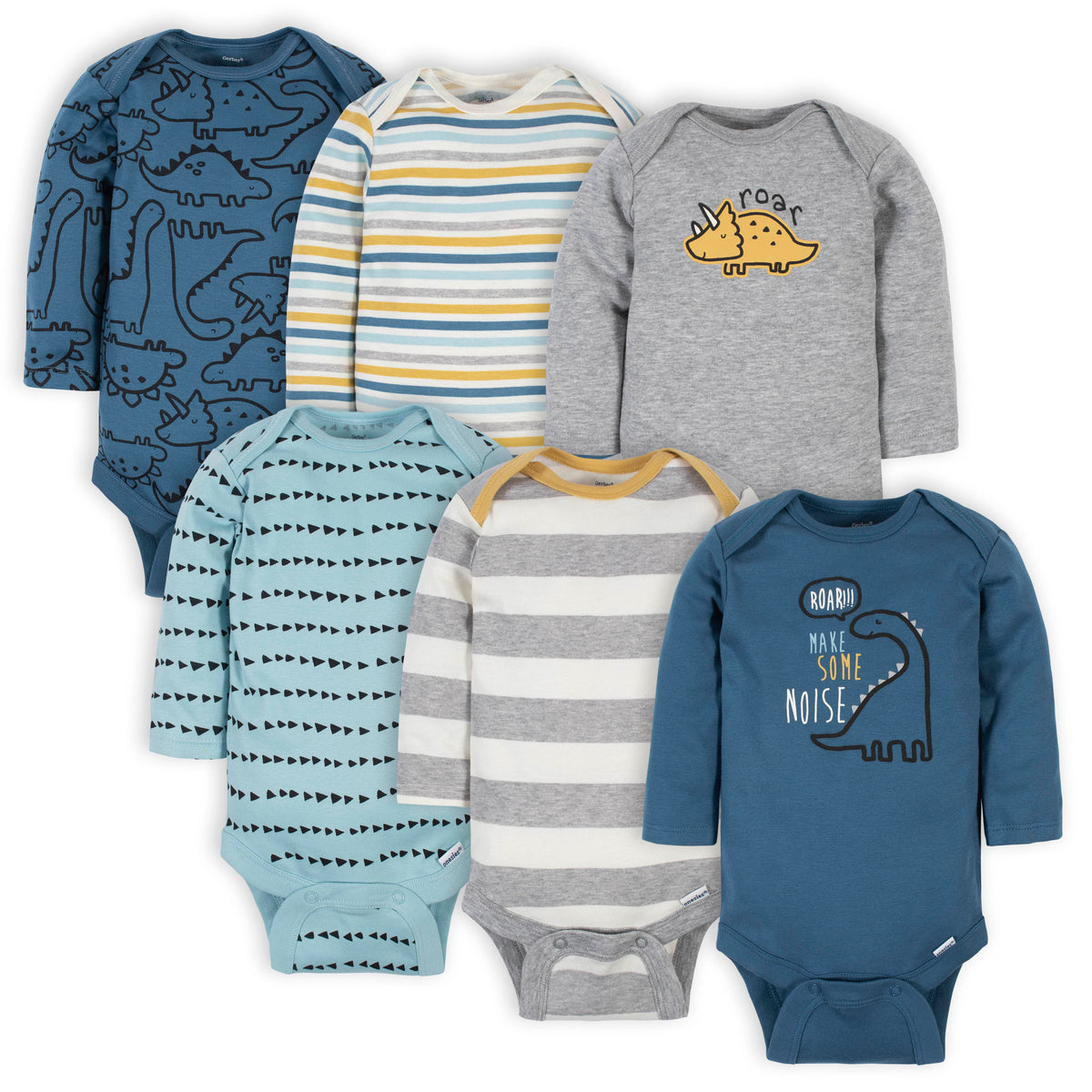 6-Pack Baby Boys Dinosaur Long Sleeve Onesies Bodysuits