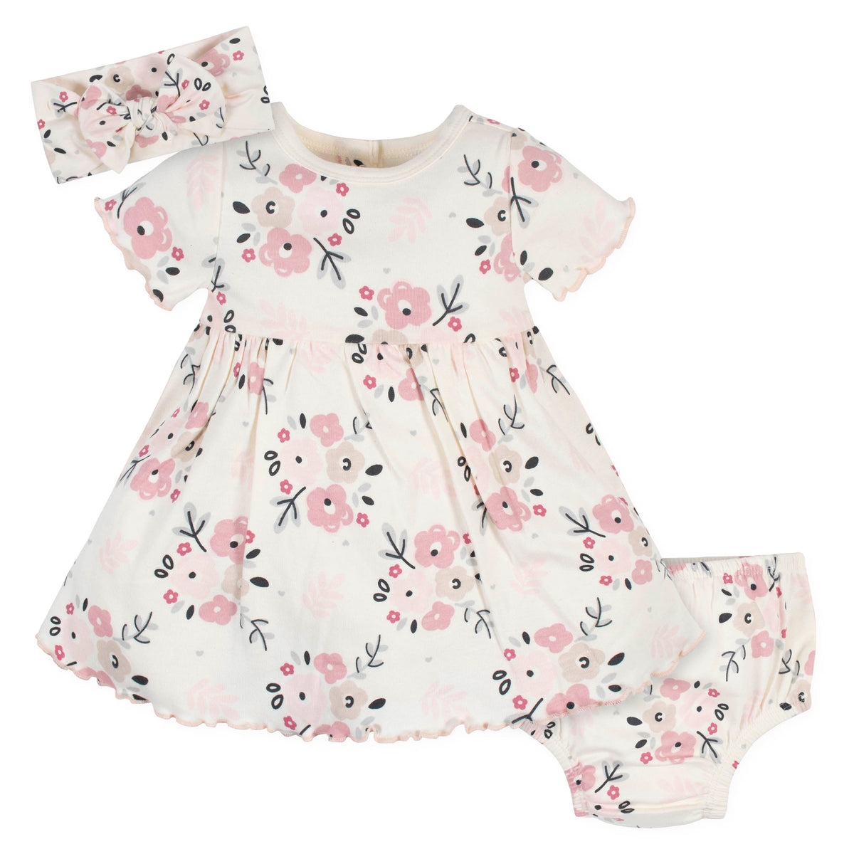 3-Piece Organic Baby Girls Wild Flower Dress, Diaper Cover, & Headband Set