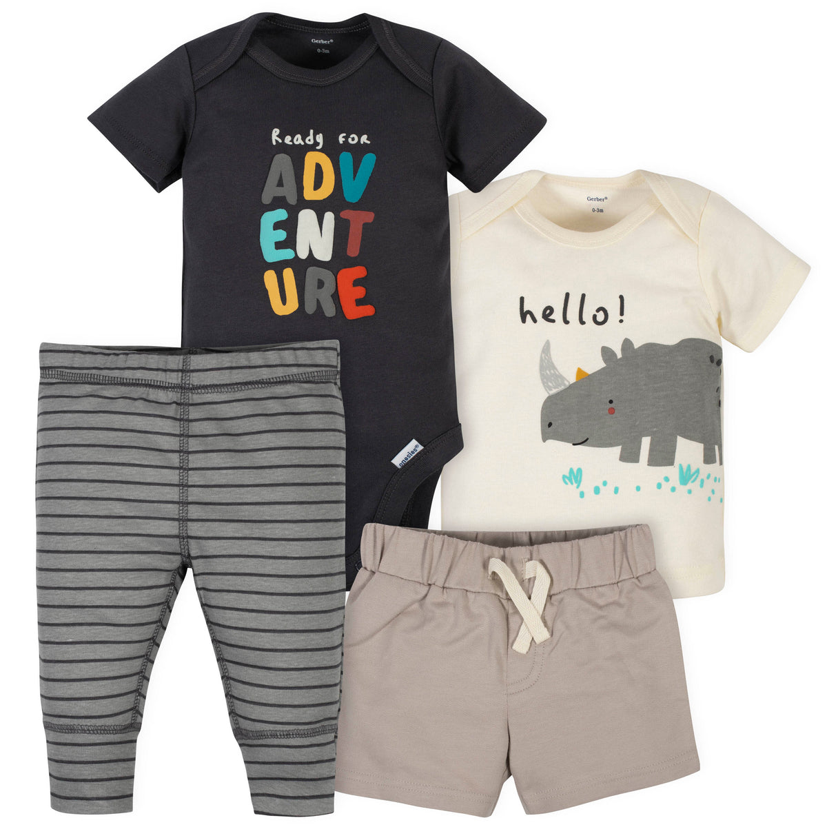 4-Piece Baby Boys Rhino Onesies Bodysuit, Short, Shirt and Active Pant Set