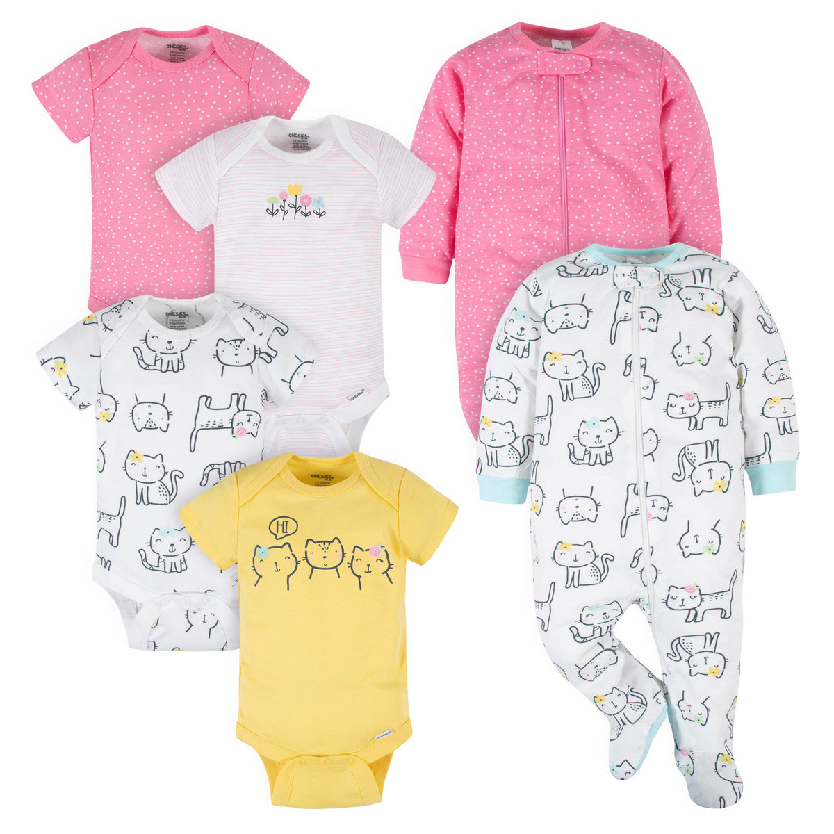 6-Piece Baby Girls Cat Onesies Bodysuits & Sleep 'N Plays Set