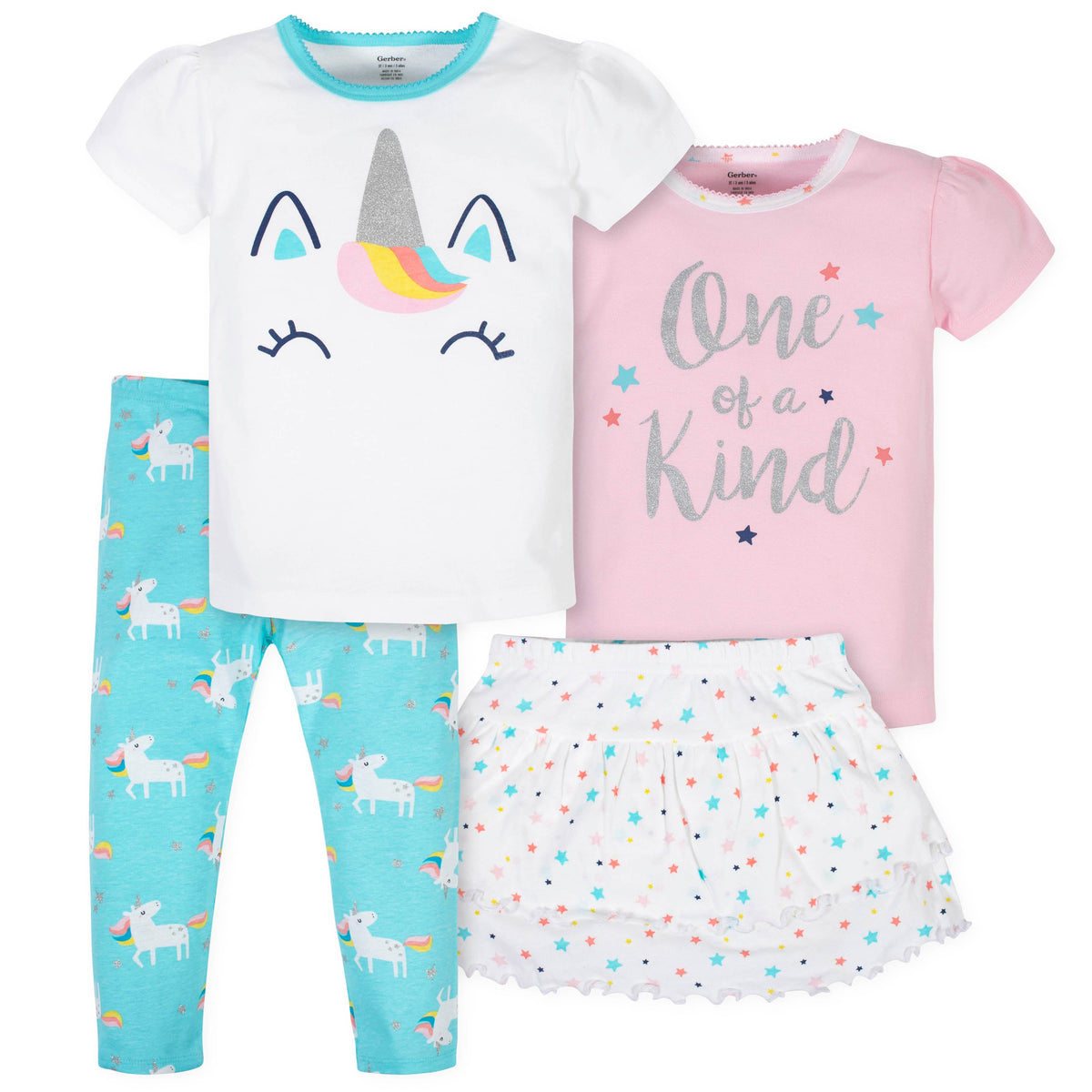 4-Piece Girls Unicorn Skirted Panty, Shirts and Slim Pant Set