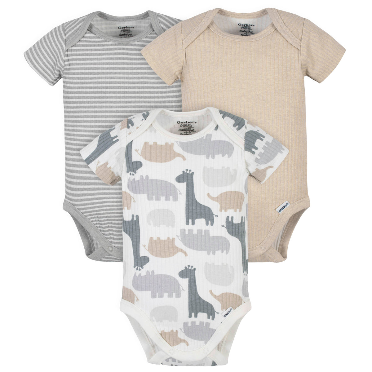 3-Pack Organic Baby Neutral Jungle Short Sleeve Onesies Bodysuits
